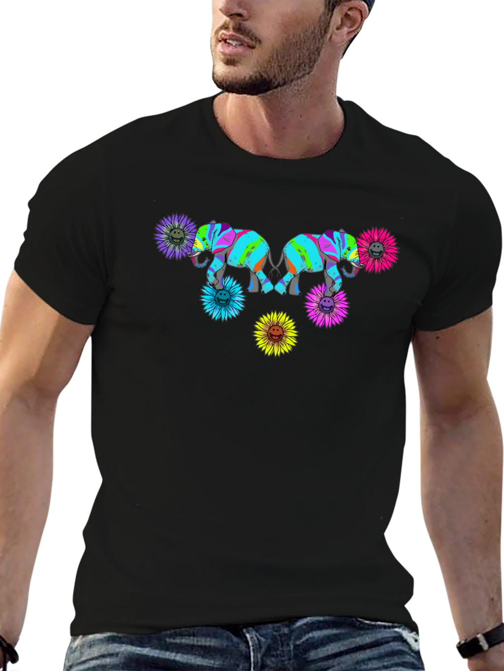 Elephant Sunflower Graphic Print Black T-Shirt