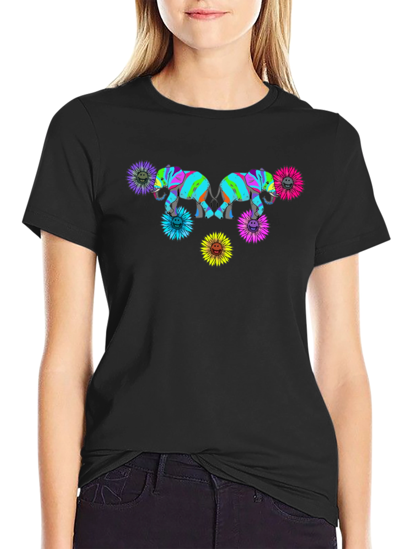 Elephant Sunflower Graphic Print Black T-Shirt