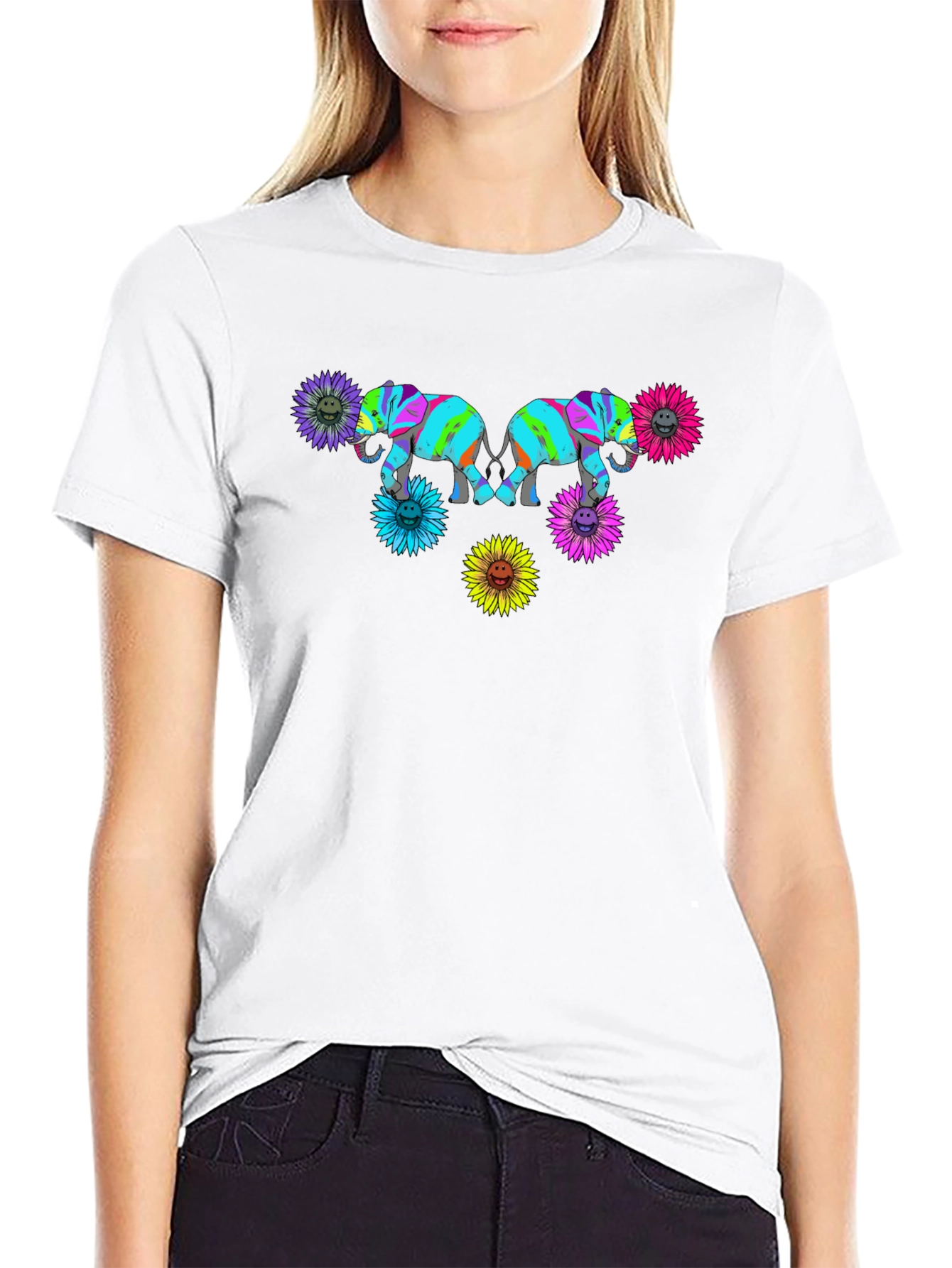 Elephant Sunflower Graphic Print Black T-Shirt