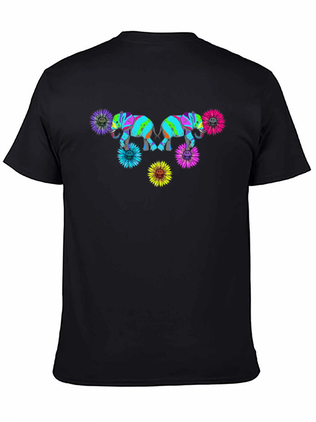 Elephant Sunflower Graphic Print Black T-Shirt