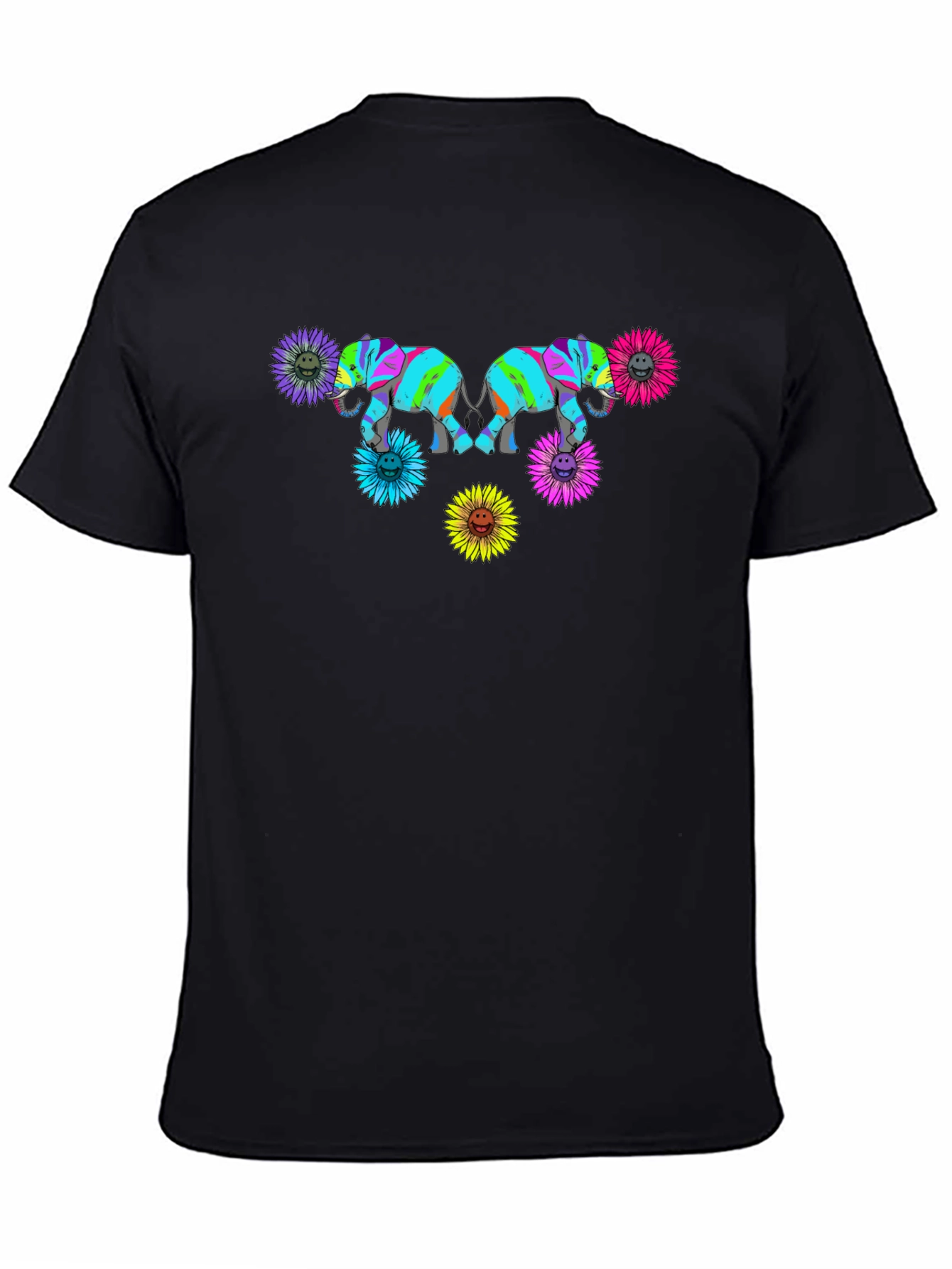 Elephant Sunflower Graphic Print Black T-Shirt