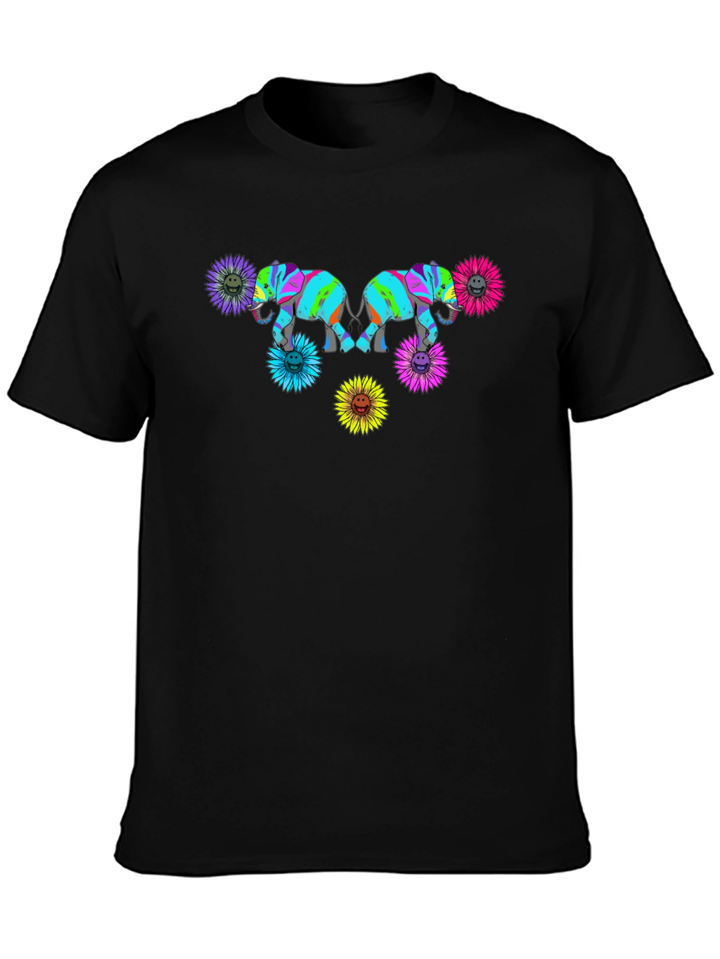 Elephant Sunflower Graphic Print Black T-Shirt