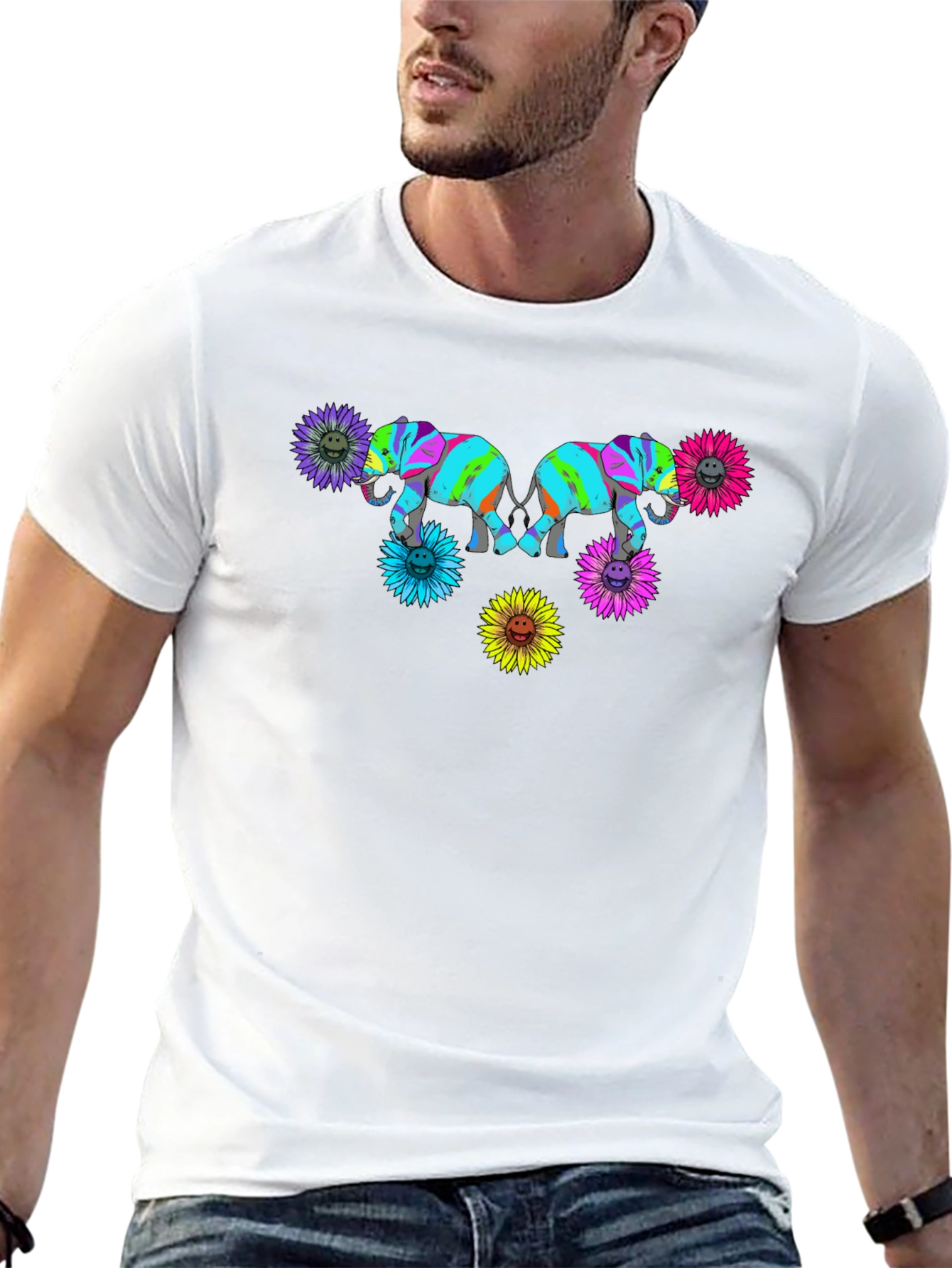 Elephant Sunflower Graphic Print Black T-Shirt