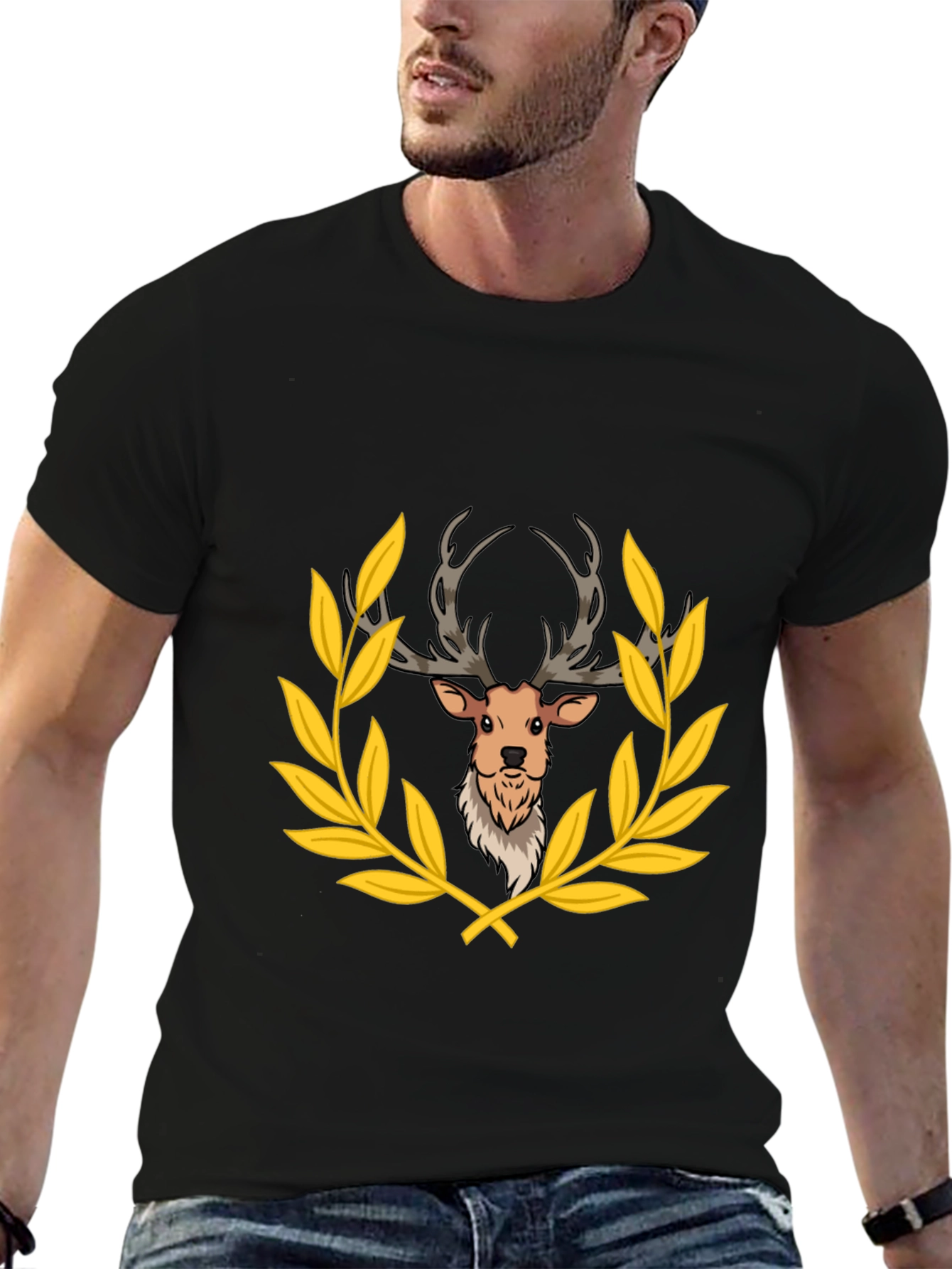 Deer Laurel Wreath Black T-Shirt
