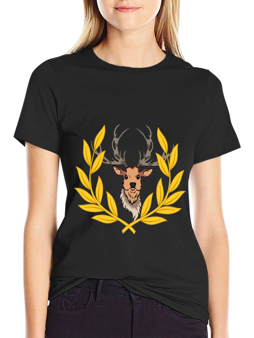 Deer Laurel Wreath Black T-Shirt