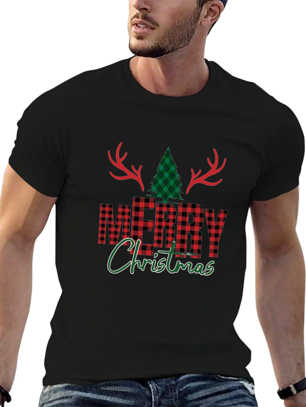 Festive Plaid Merry Christmas Graphic Tee