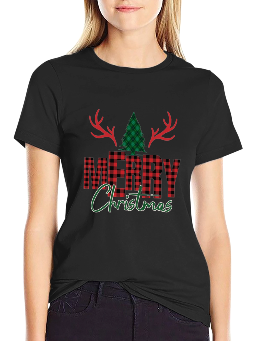 Festive Plaid Merry Christmas Graphic Tee