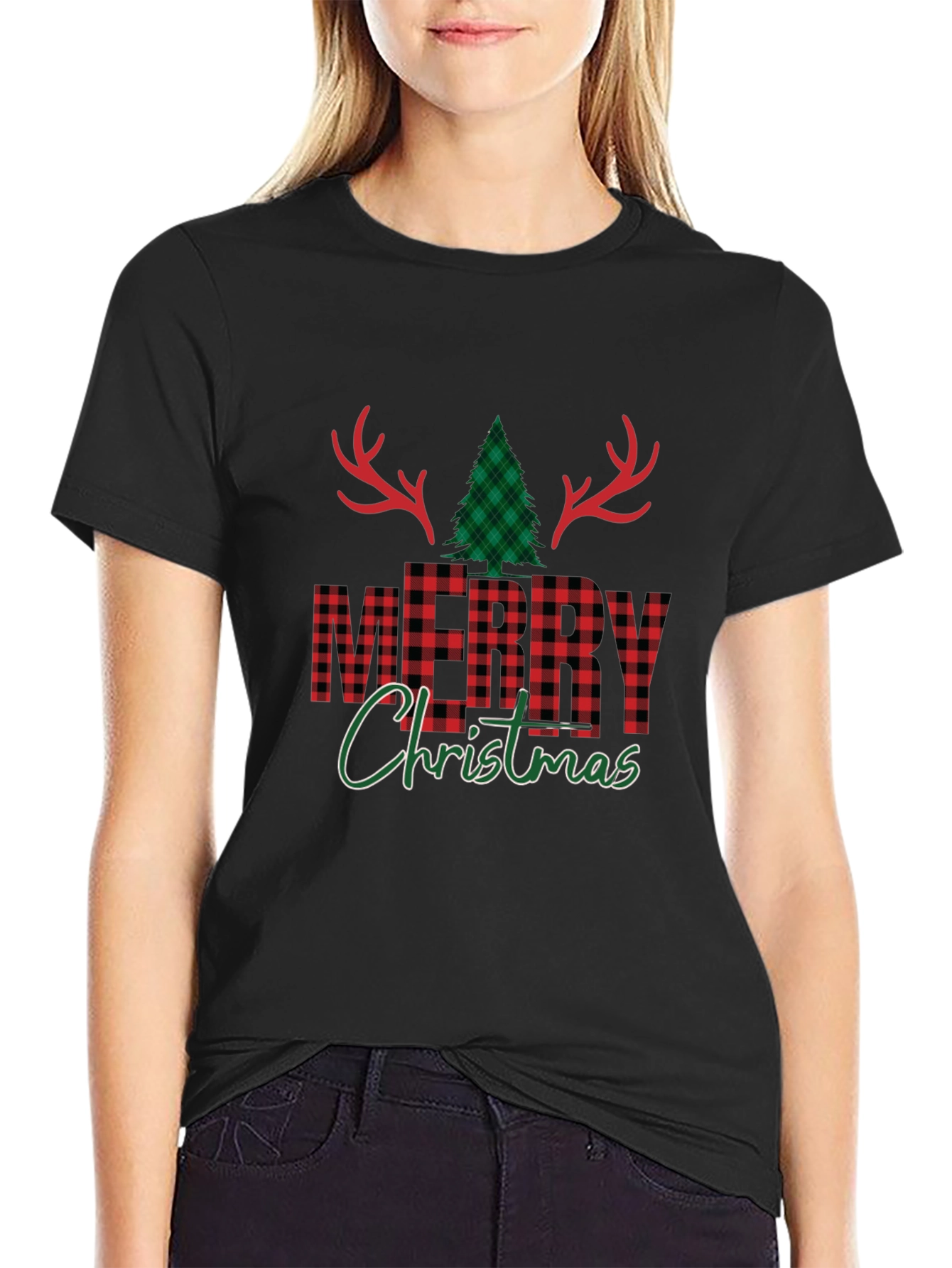 Festive Plaid Merry Christmas Graphic Tee