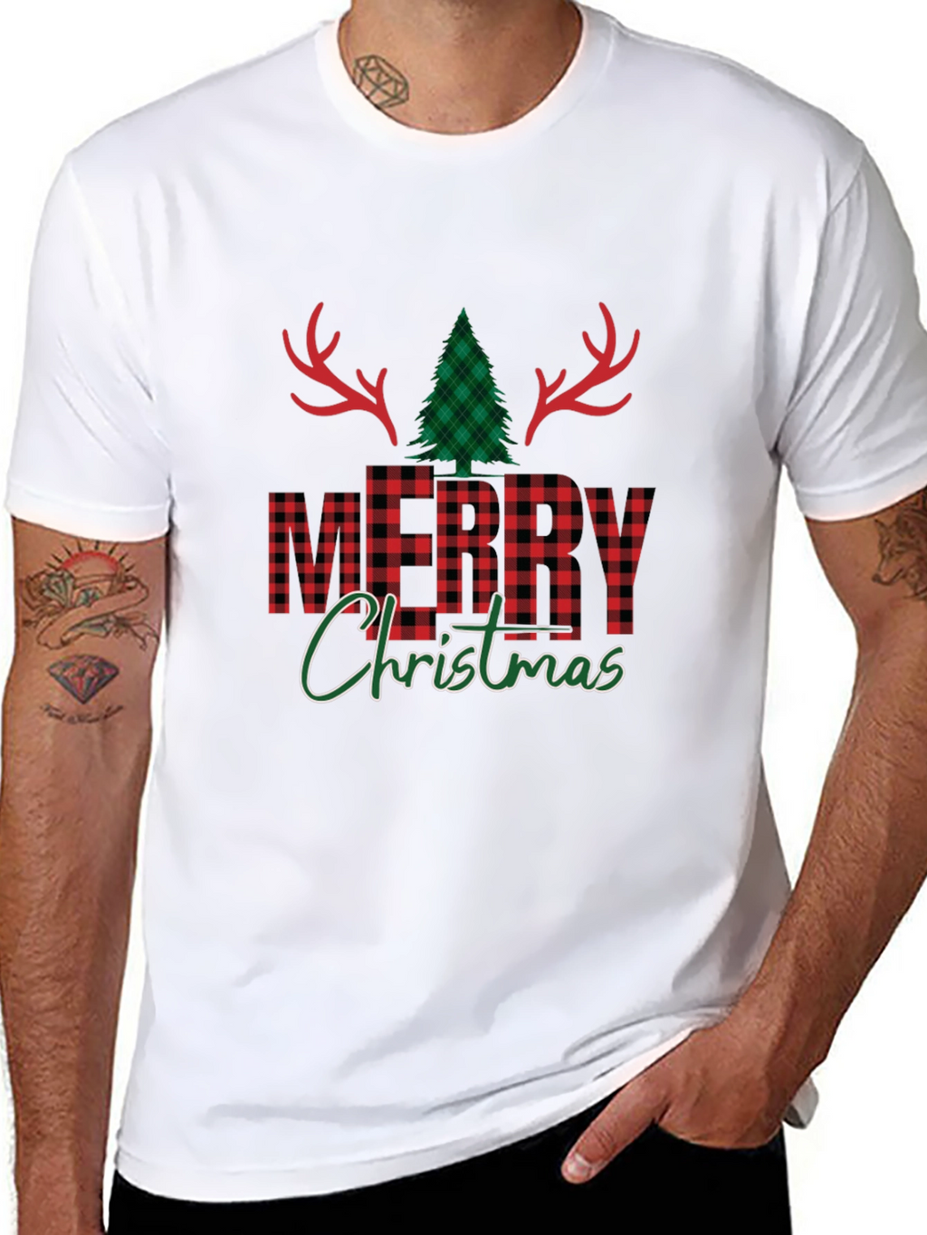 Festive Plaid Merry Christmas Graphic Tee
