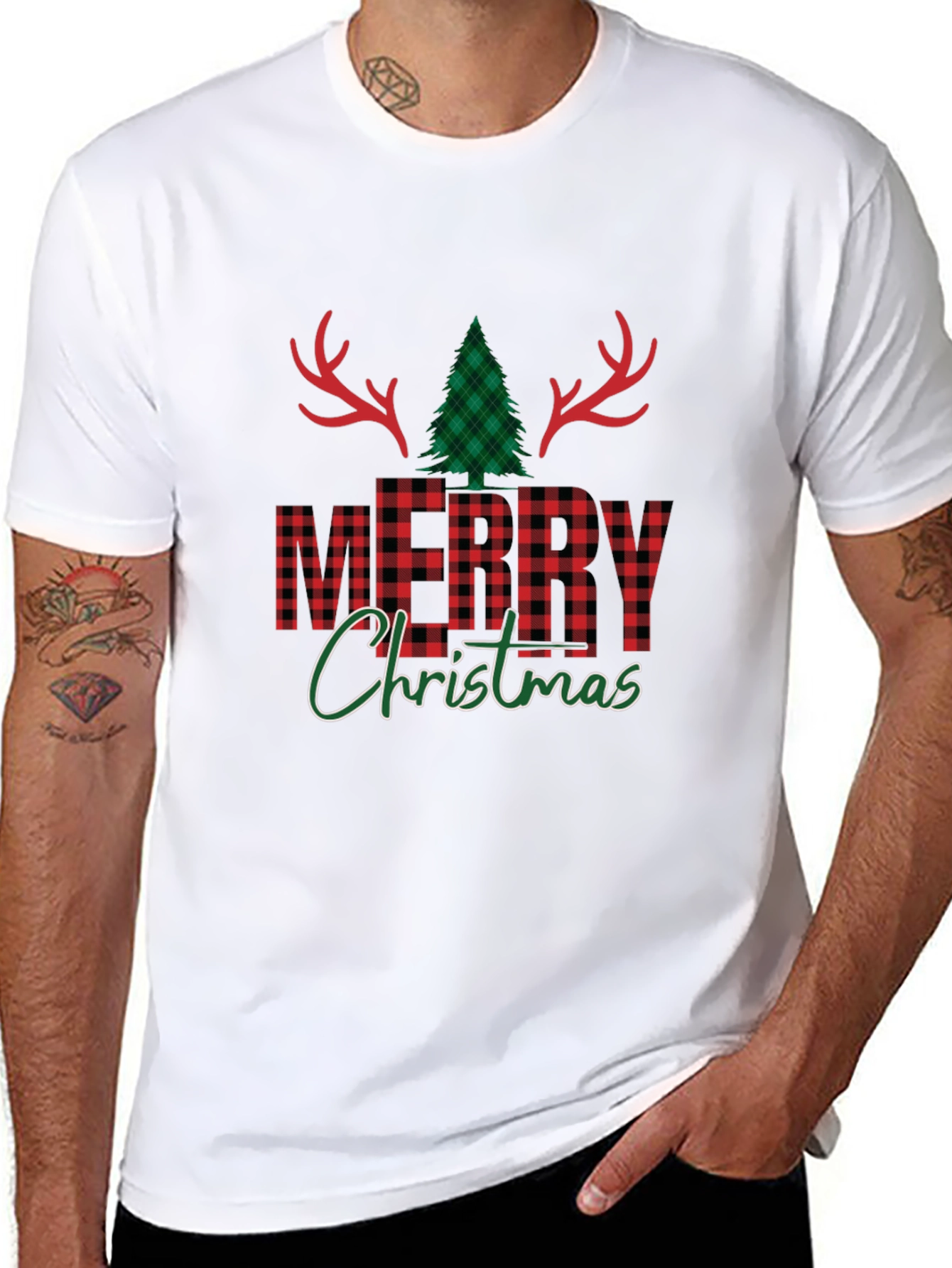 Festive Plaid Merry Christmas Graphic Tee