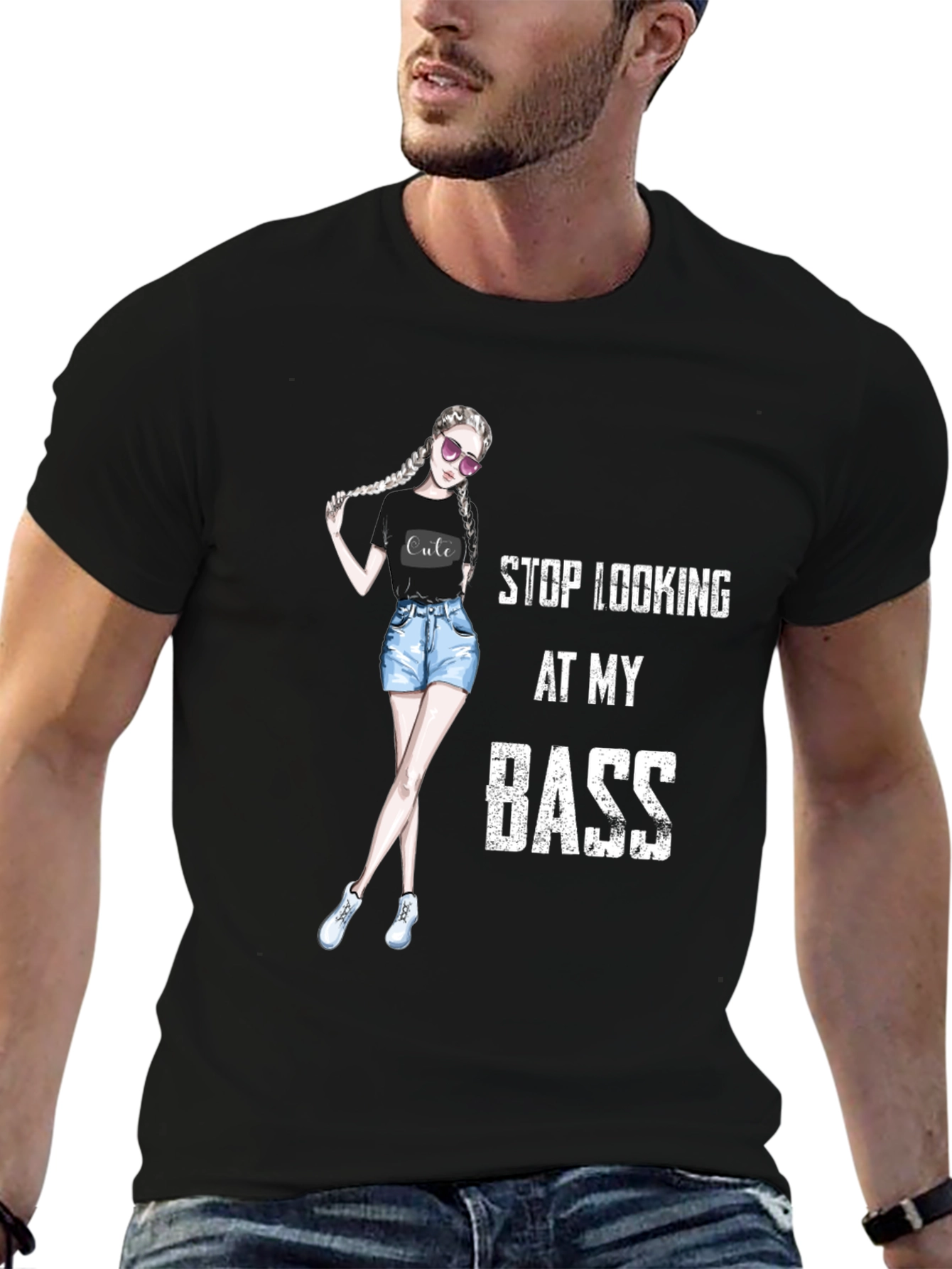 Stop Looking At My Bass - Novelty Graphic T-Shirt