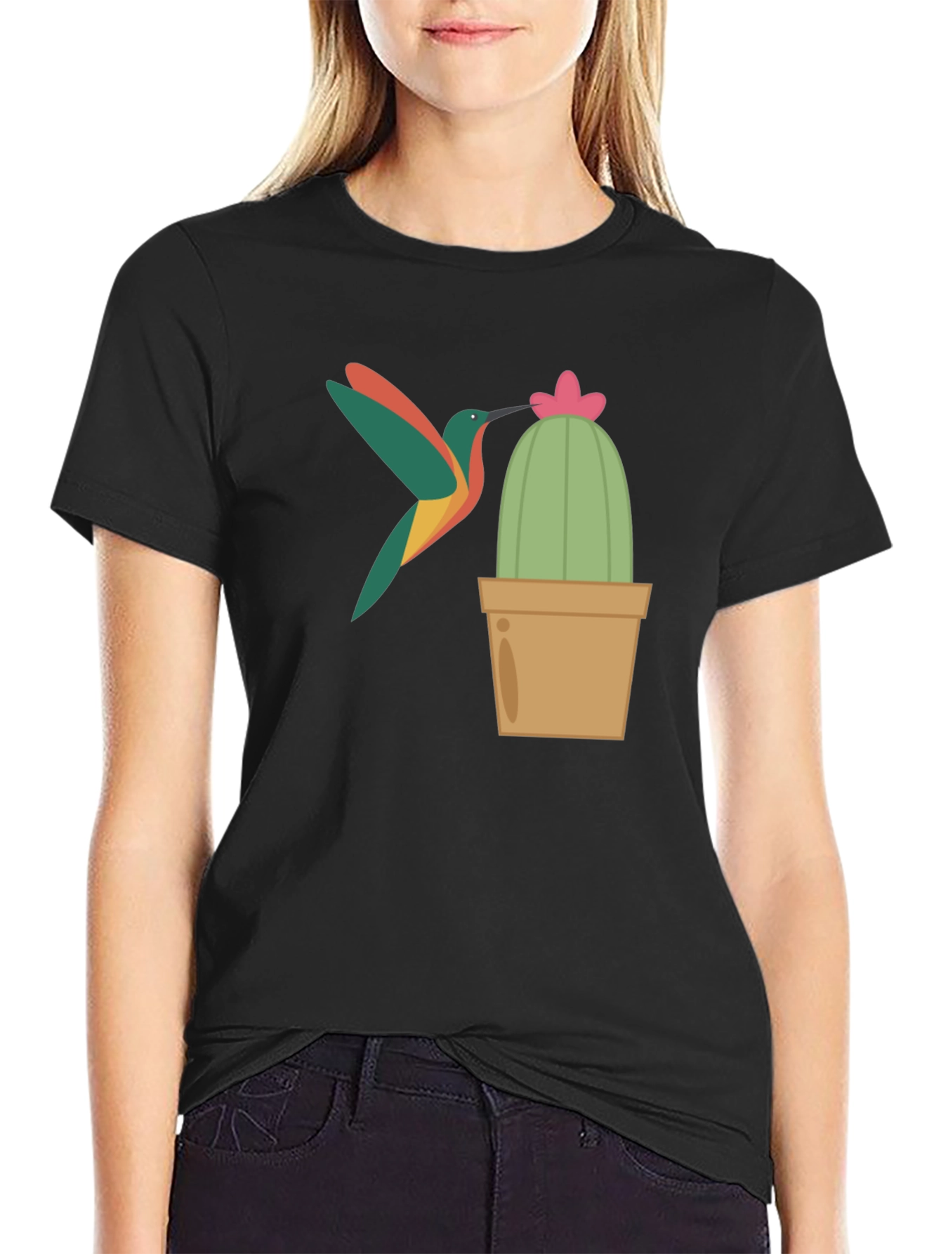 Hummingbird & Cactus Graphic T-Shirt - Black