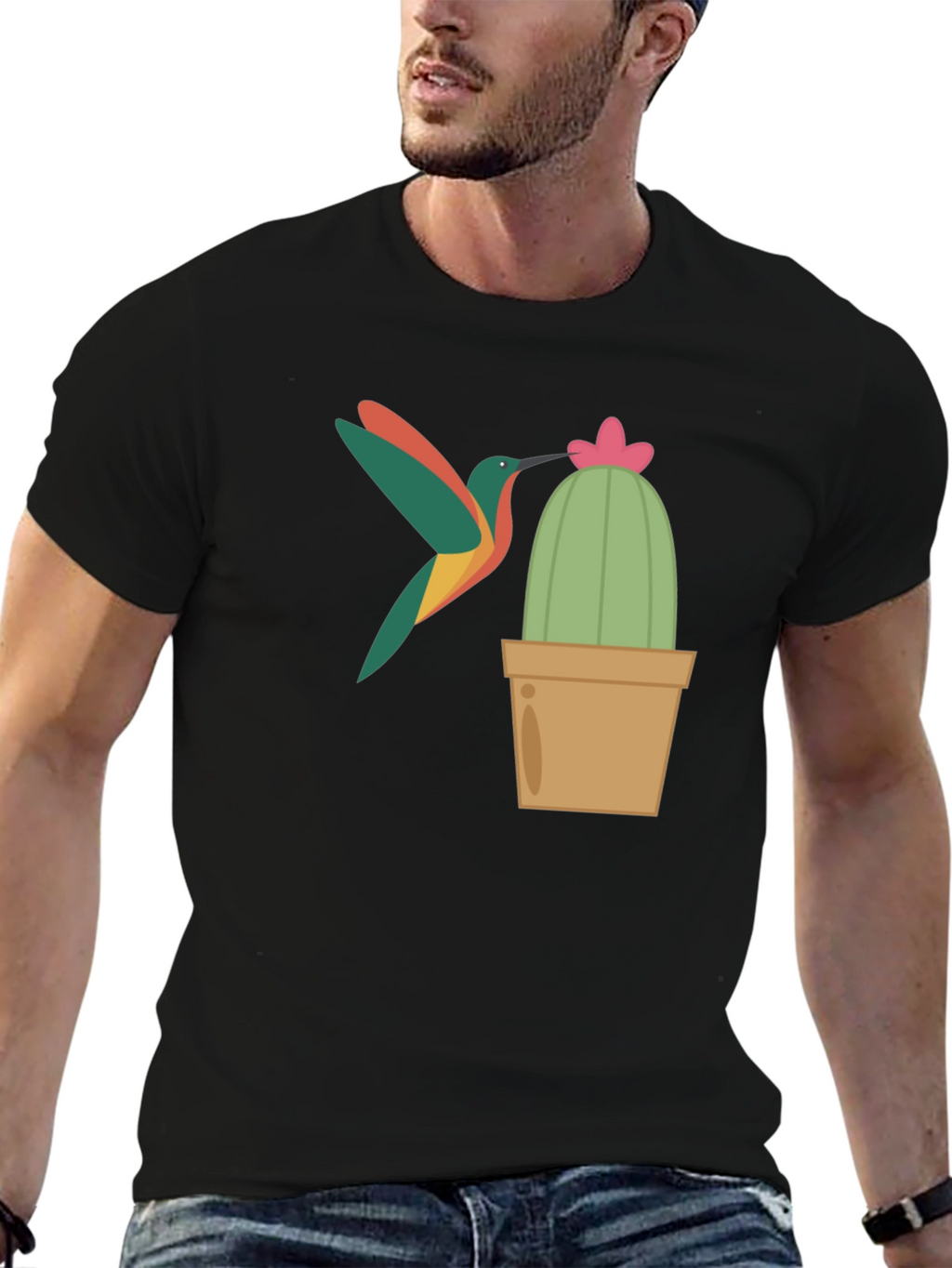 Hummingbird & Cactus Graphic T-Shirt - Black