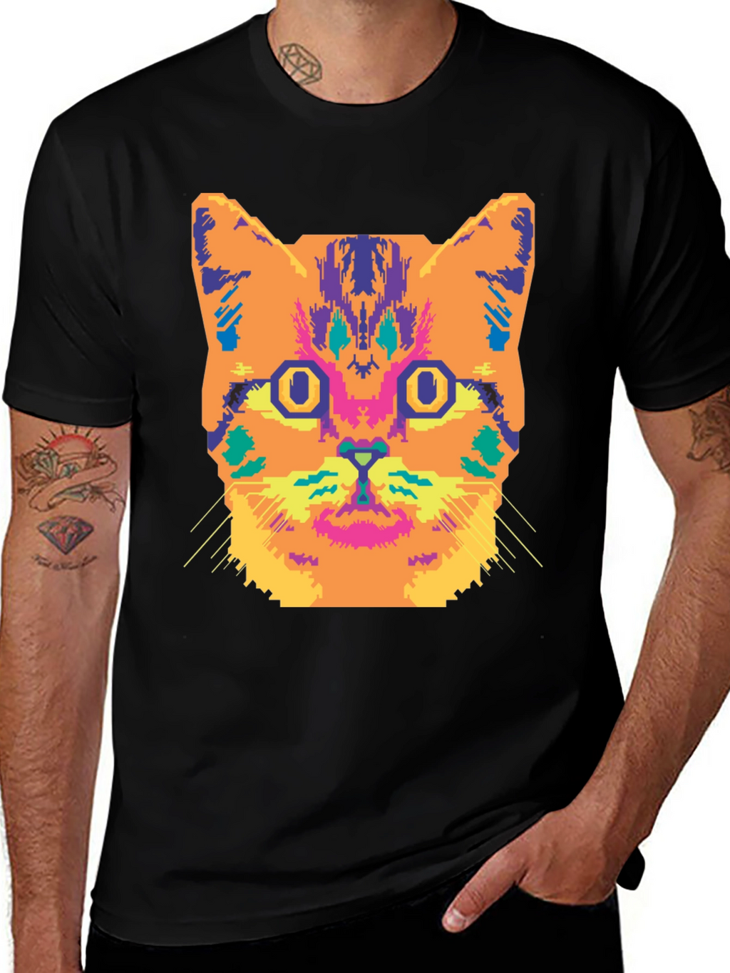 Vibrant Cat Graphic Tee - Stylish Black Cotton T-Shirt