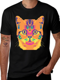 Vibrant Cat Graphic Tee - Stylish Black Cotton T-Shirt
