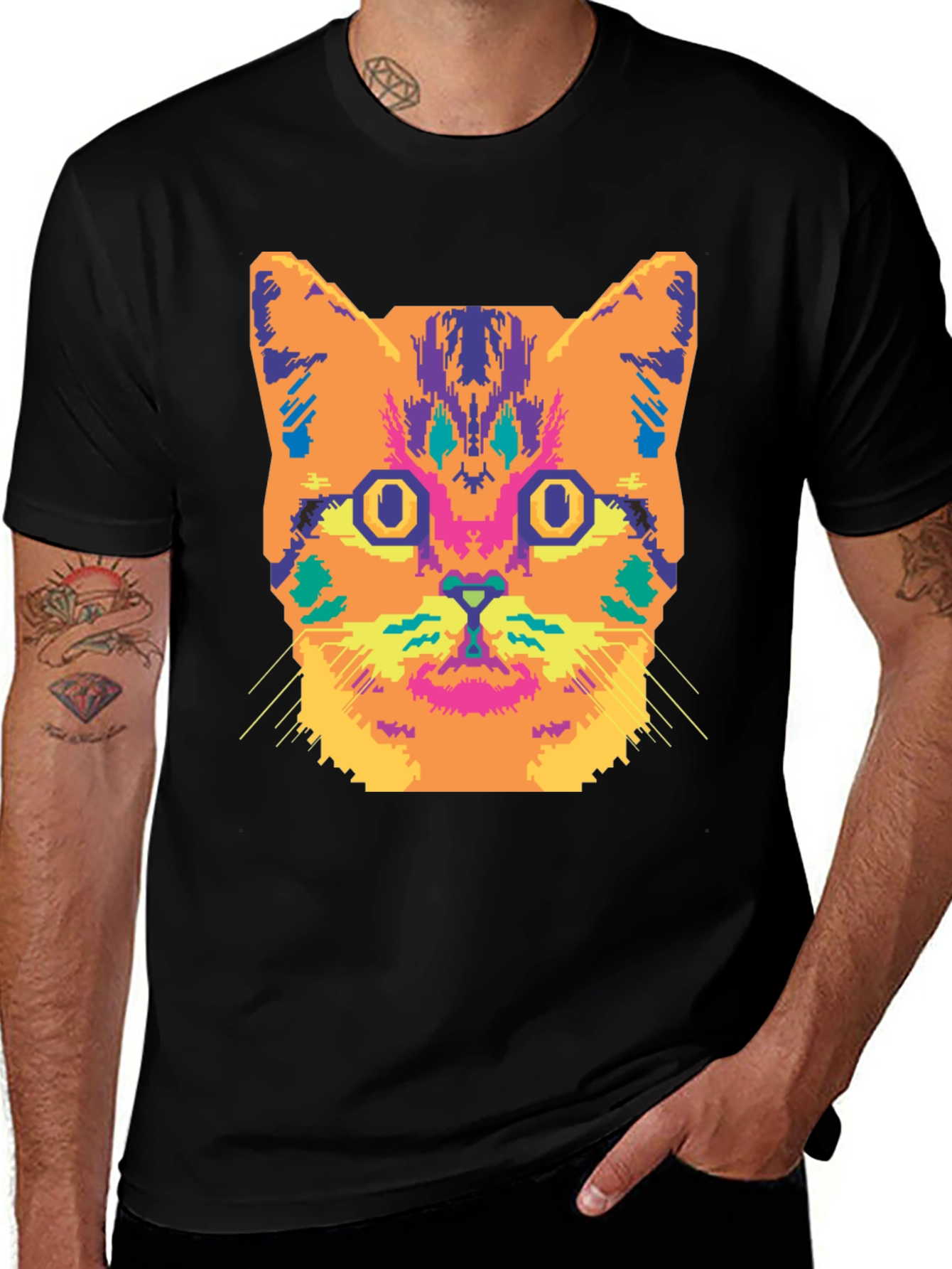 Vibrant Cat Graphic Tee - Stylish Black Cotton T-Shirt