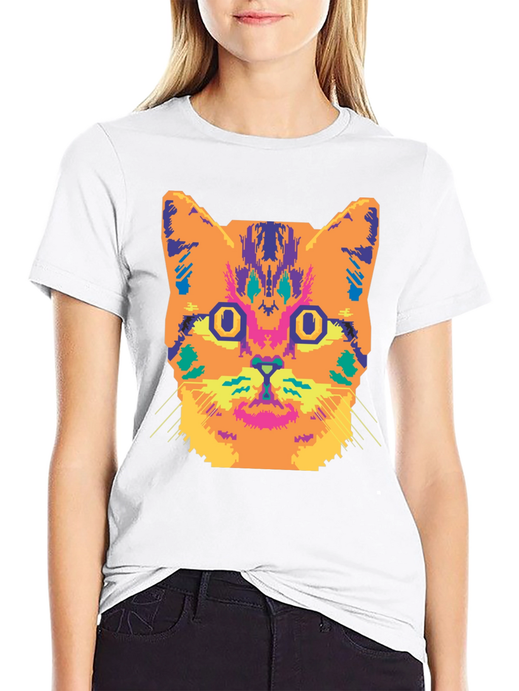 Vibrant Cat Graphic Tee - Stylish Black Cotton T-Shirt