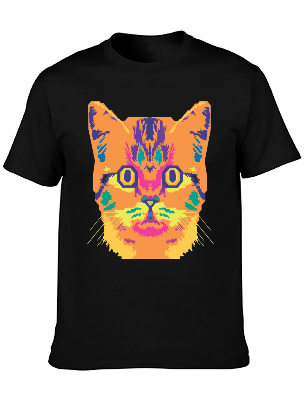 Vibrant Cat Graphic Tee - Stylish Black Cotton T-Shirt