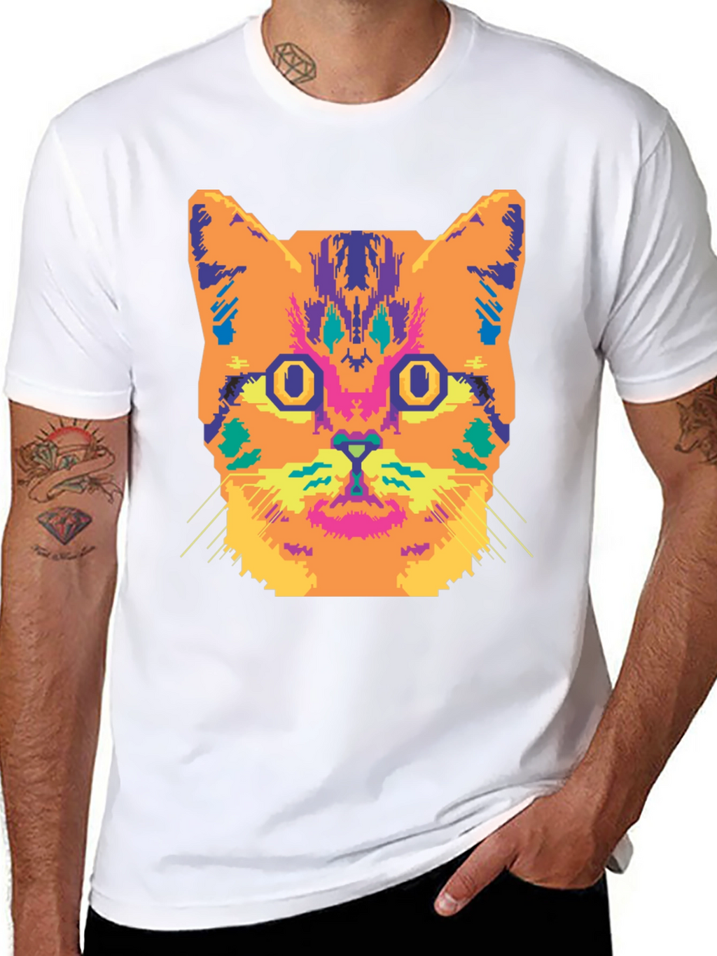Vibrant Cat Graphic Tee - Stylish Black Cotton T-Shirt