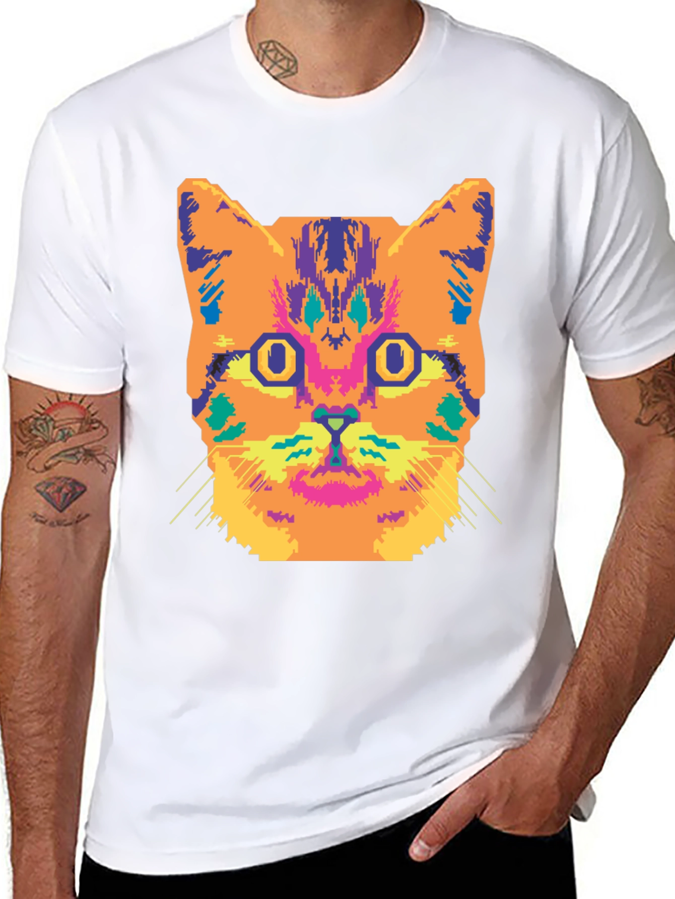Vibrant Cat Graphic Tee - Stylish Black Cotton T-Shirt