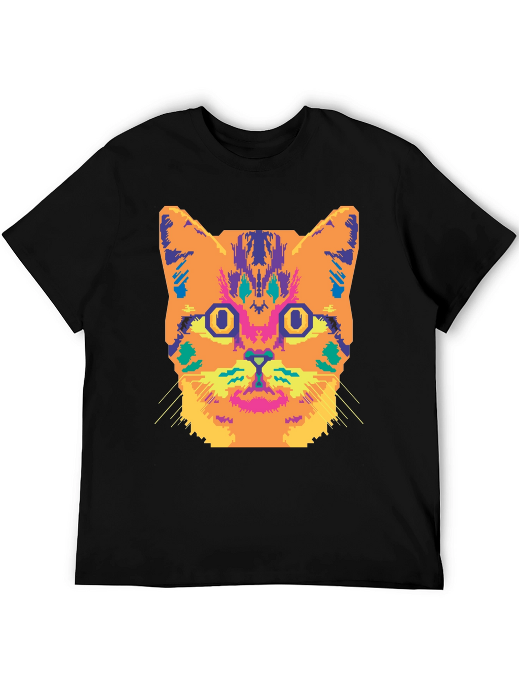 Vibrant Cat Graphic Tee - Stylish Black Cotton T-Shirt