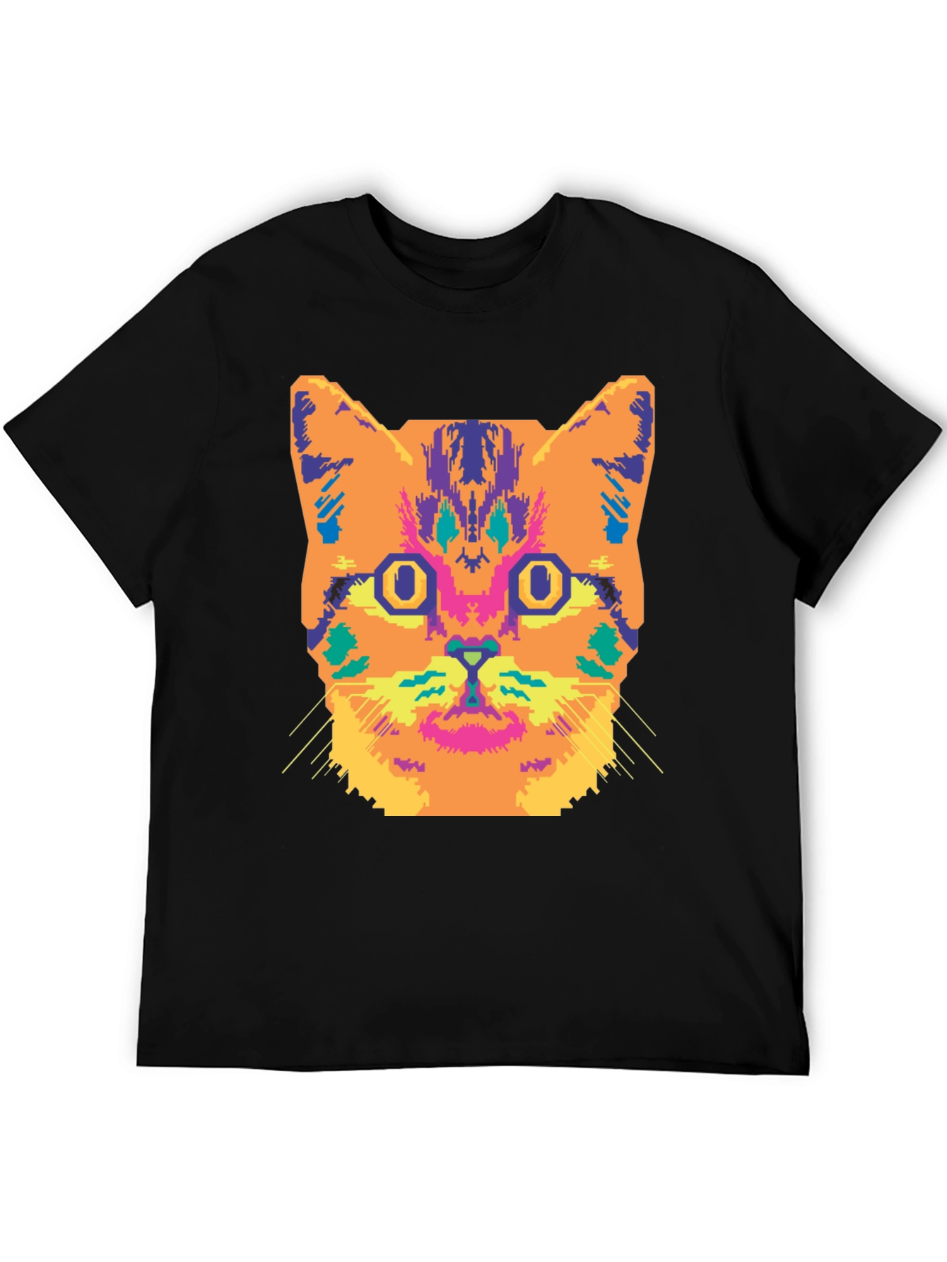 Vibrant Cat Graphic Tee - Stylish Black Cotton T-Shirt