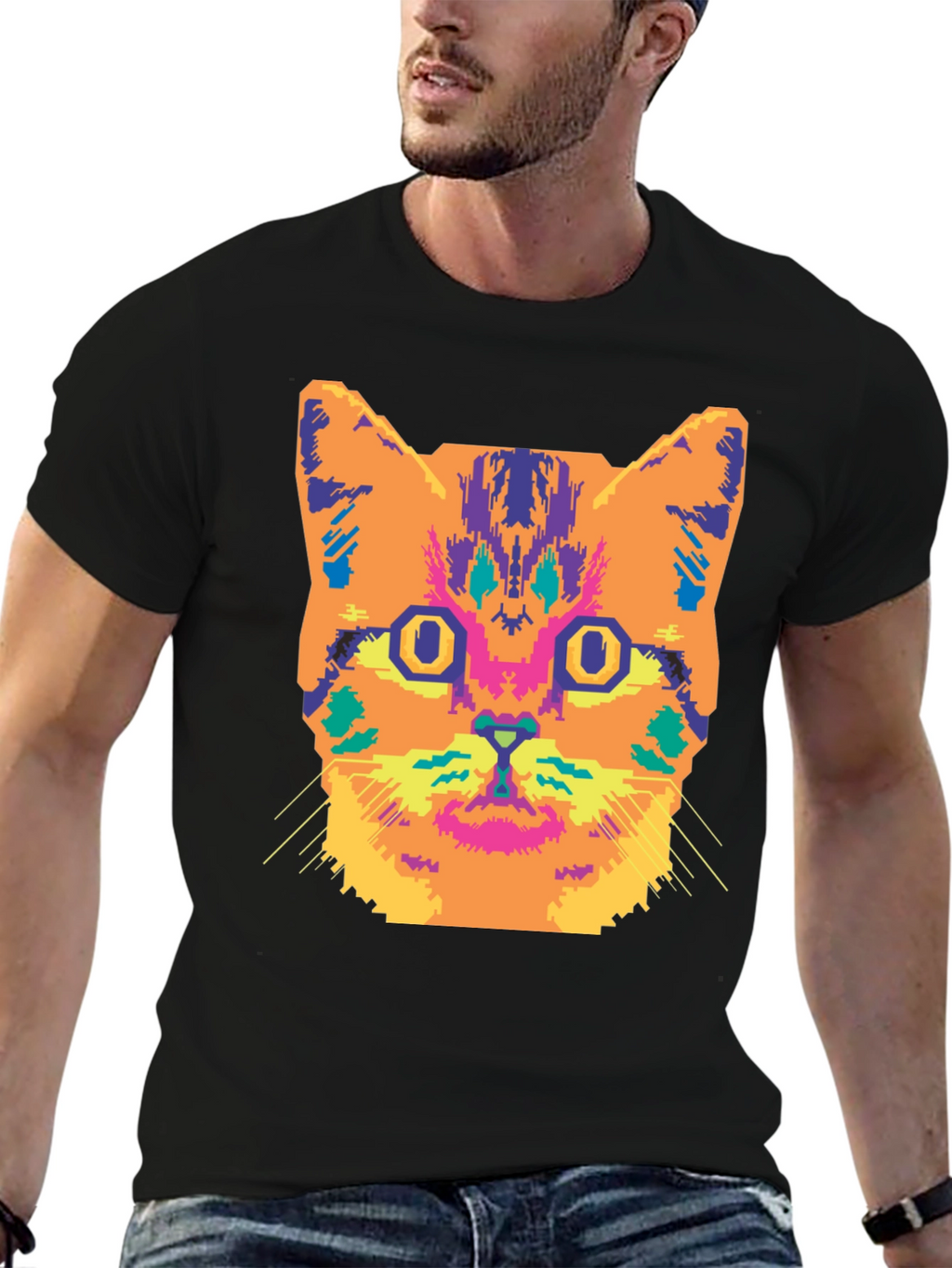 Vibrant Cat Graphic Tee - Stylish Black Cotton T-Shirt