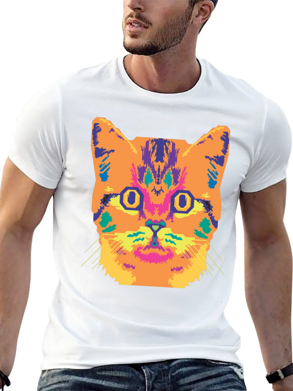 Vibrant Cat Graphic Tee - Stylish Black Cotton T-Shirt