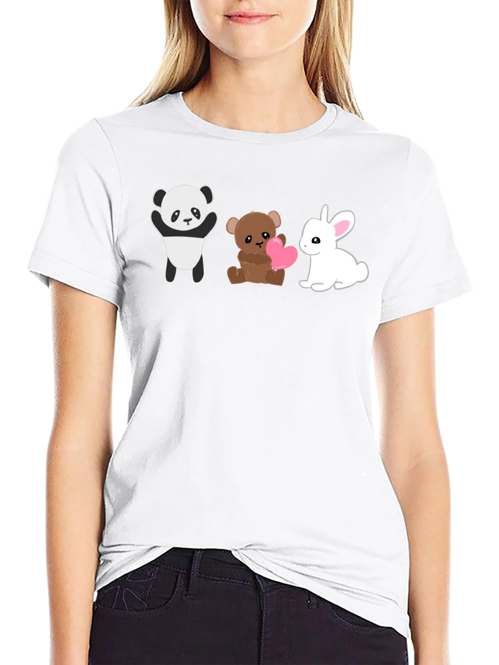 Cute Animal Trio Graphic Tee - Panda Bear Bunny