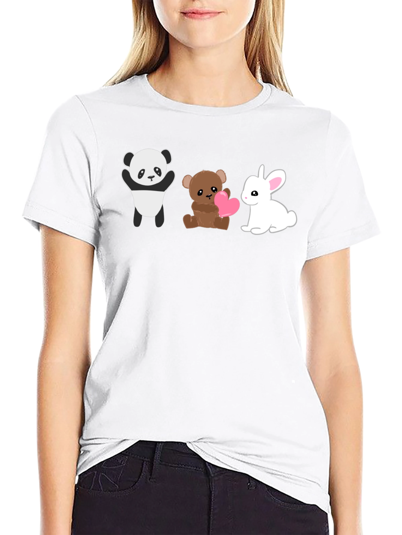 Cute Animal Trio Graphic Tee - Panda Bear Bunny