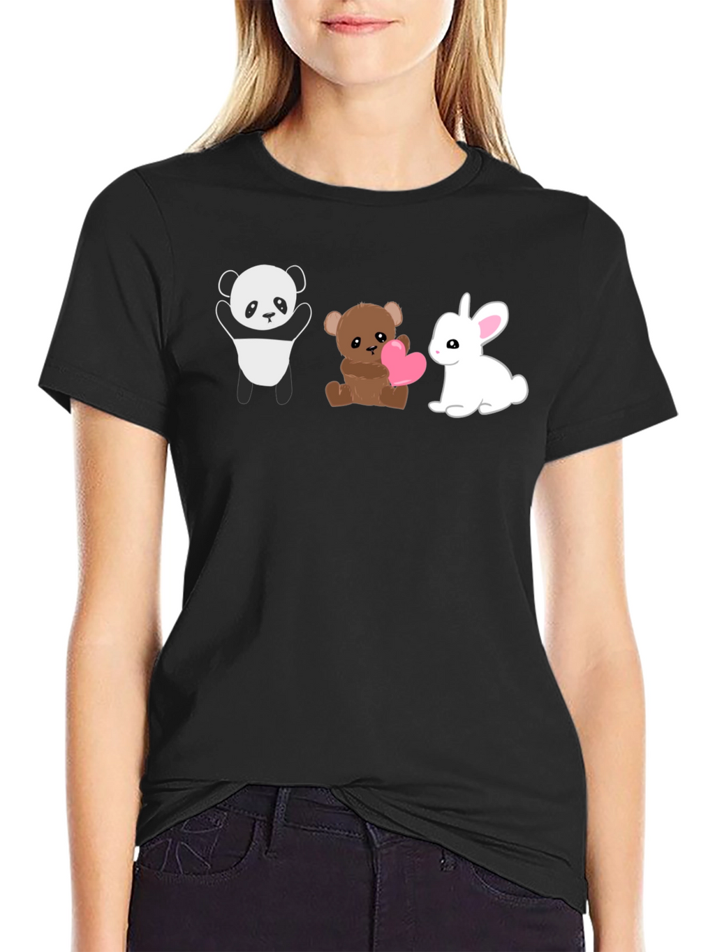 Cute Animal Trio Graphic Tee - Panda Bear Bunny