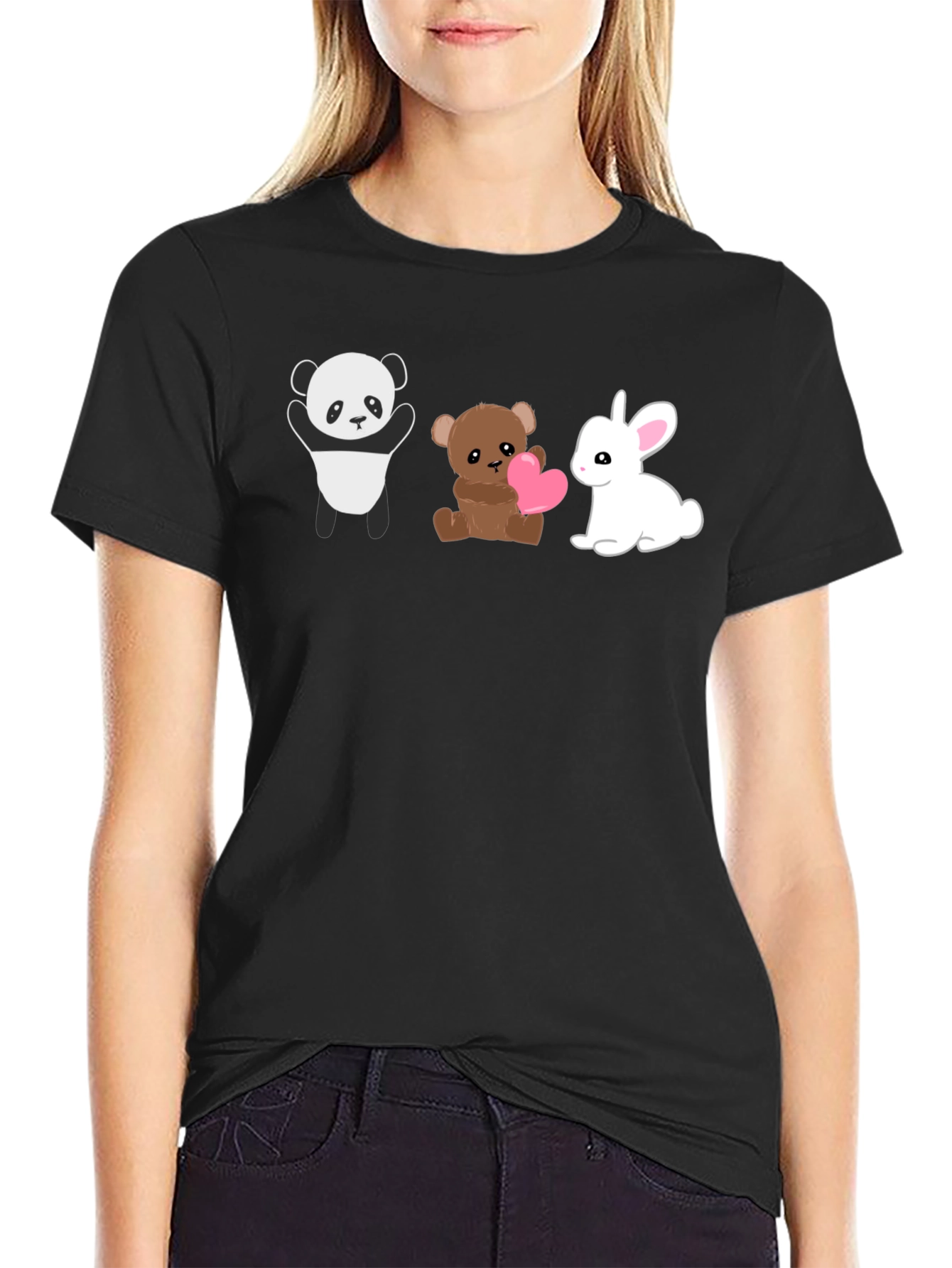 Cute Animal Trio Graphic Tee - Panda Bear Bunny