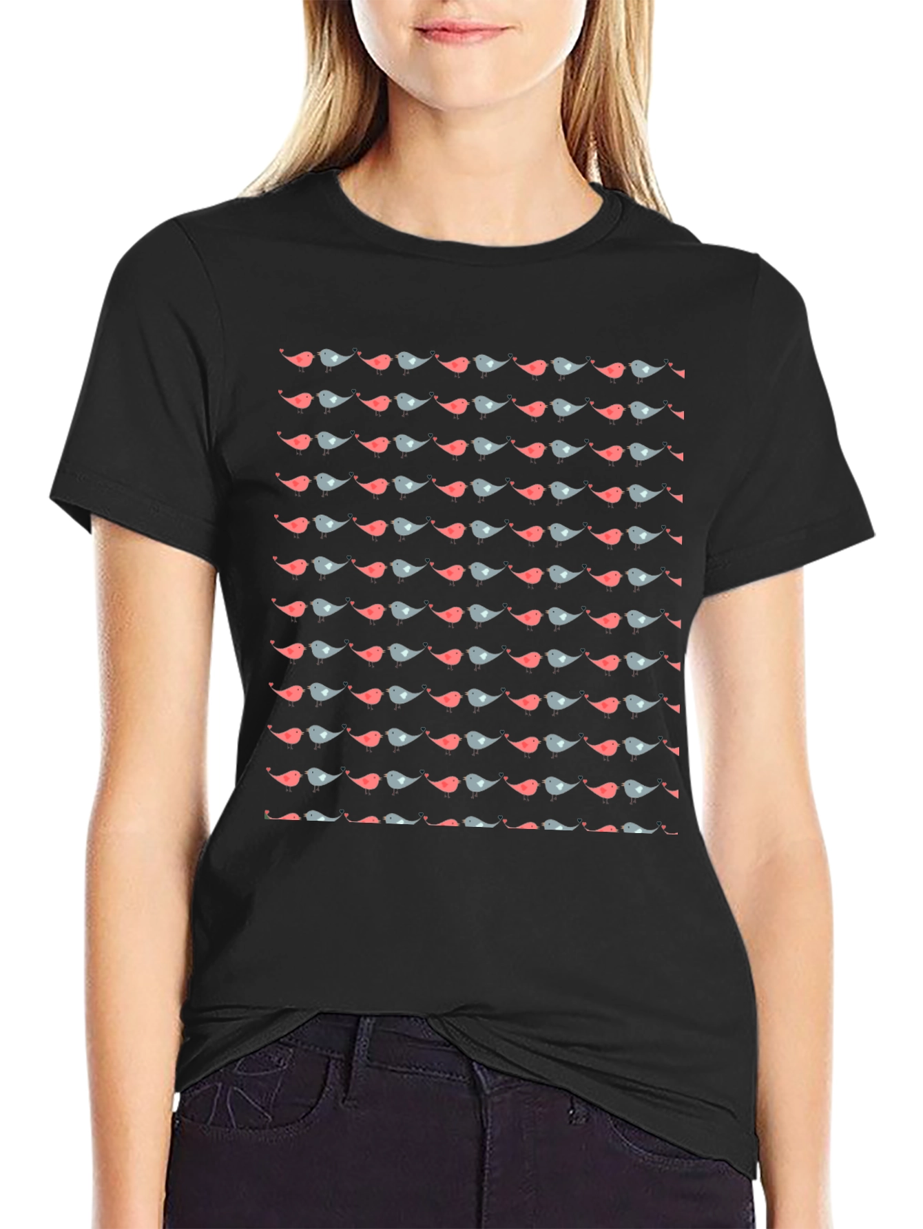 Bird Pattern Black T-Shirt