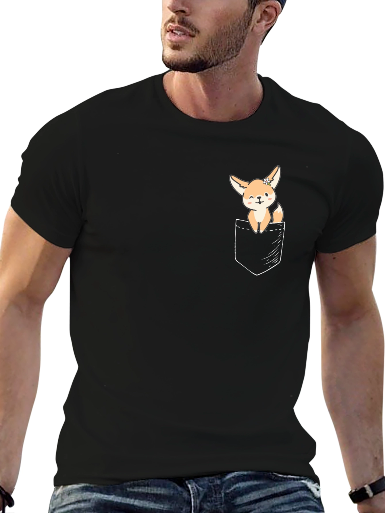Cute Fennec Fox Pocket T-Shirt - Unisex Black Tee