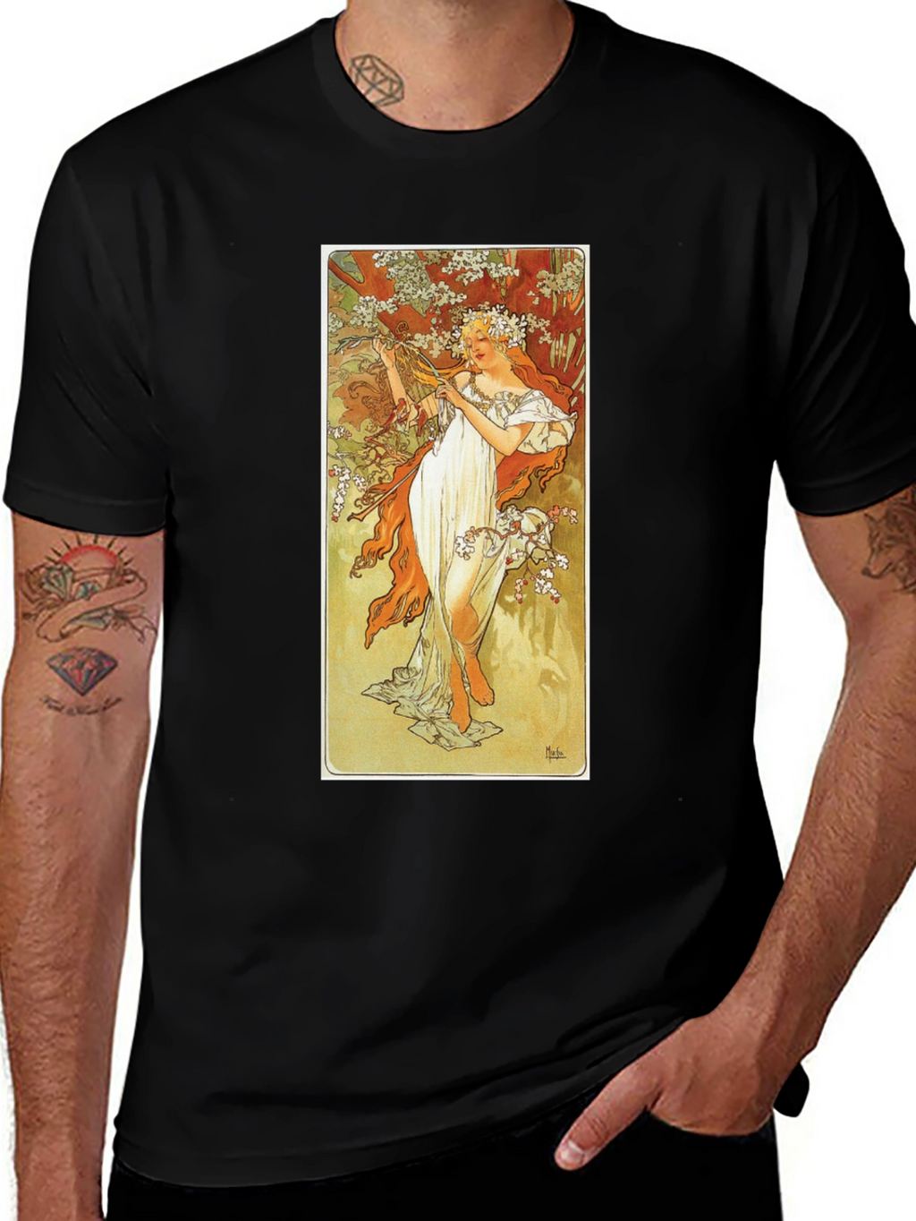Art Nouveau Lady Print Black T-Shirt