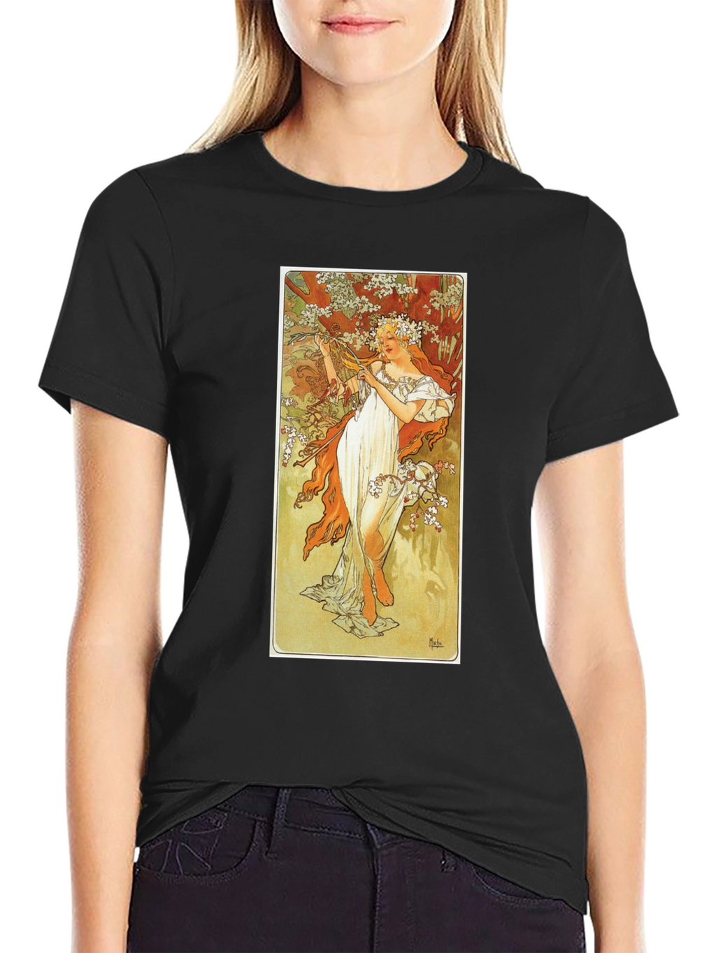 Art Nouveau Lady Print Black T-Shirt