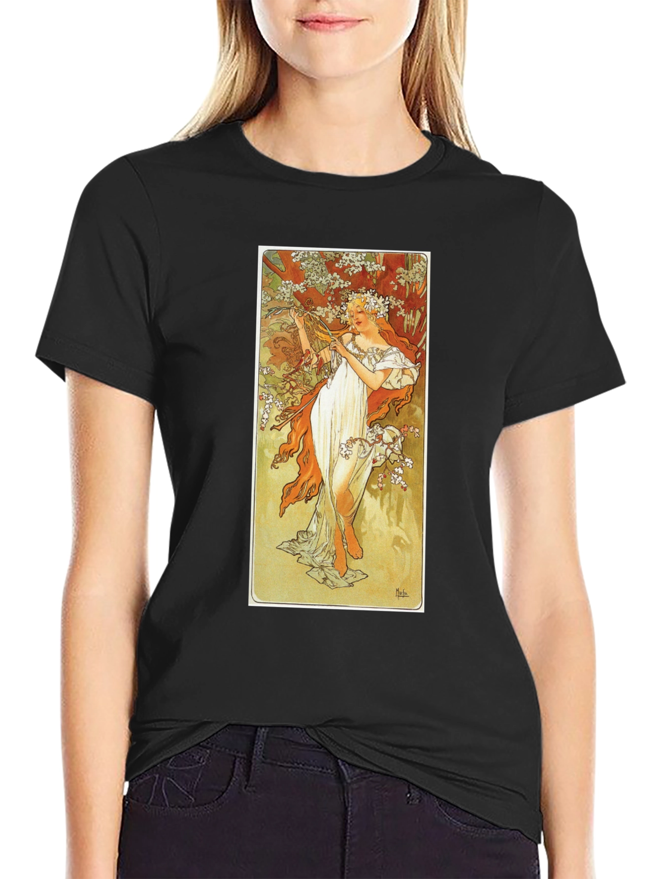 Art Nouveau Lady Print Black T-Shirt