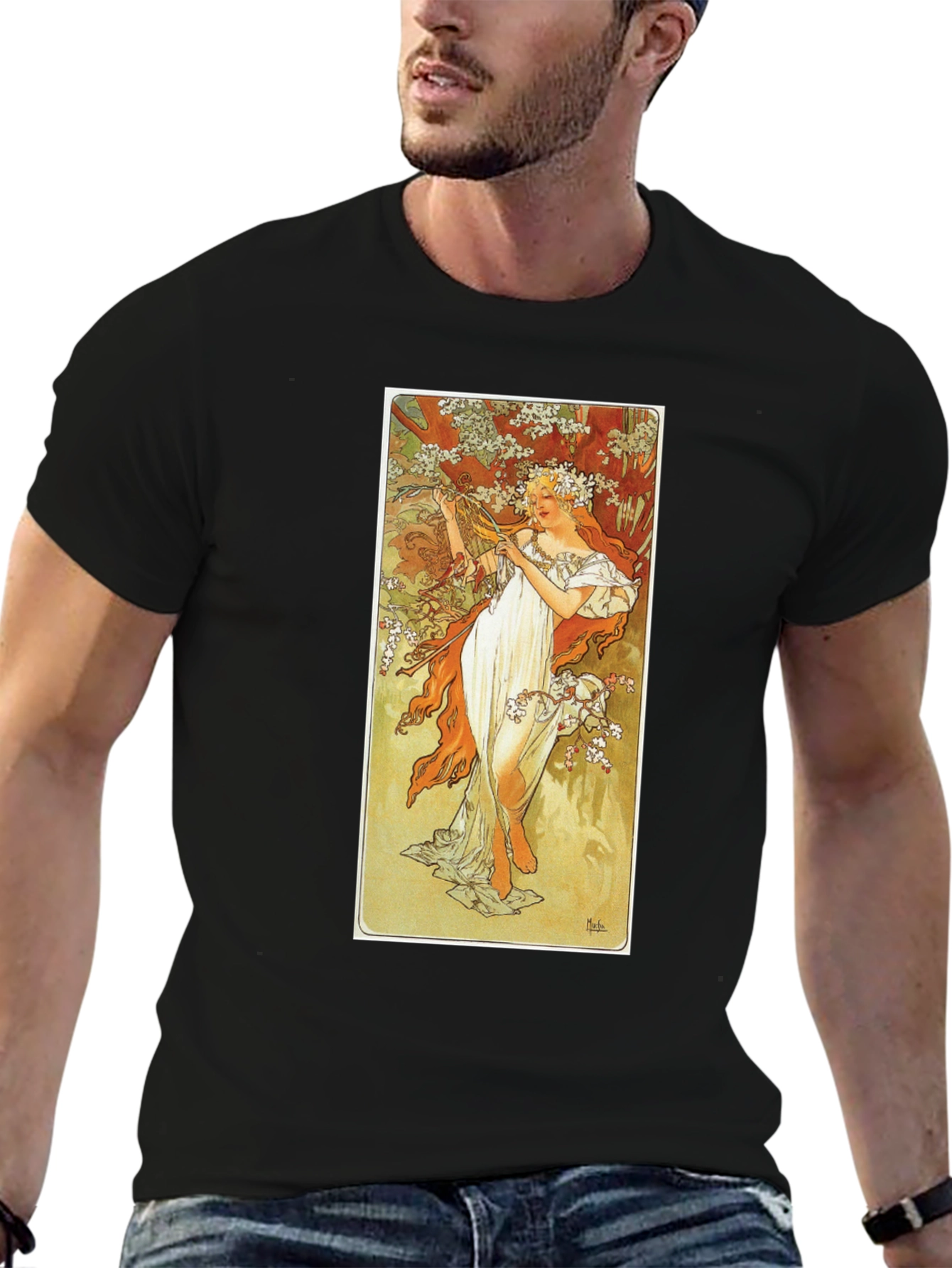 Art Nouveau Lady Print Black T-Shirt
