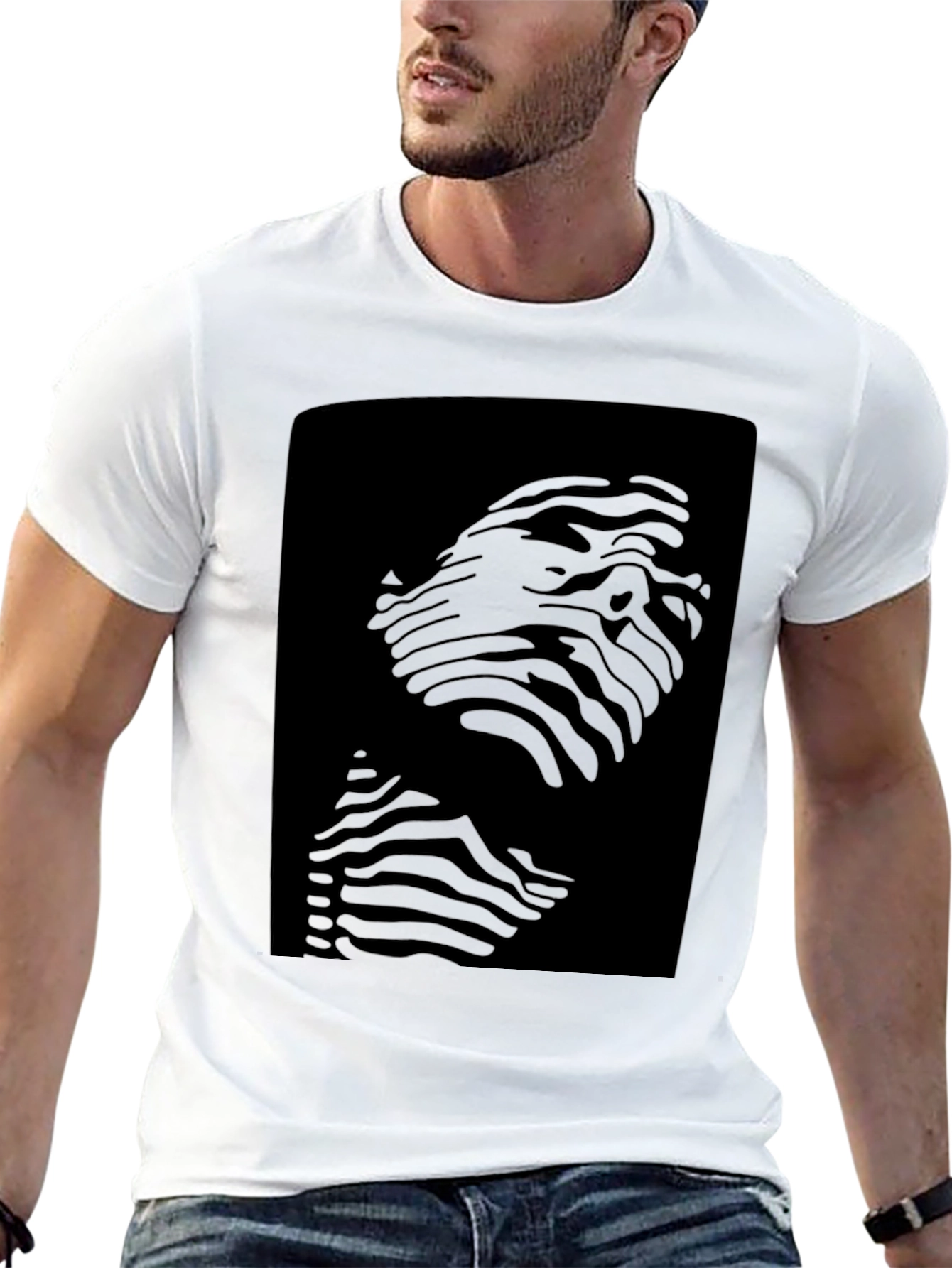 Abstract Striped Face Graphic Black T-Shirt