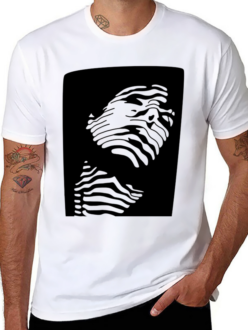 Abstract Striped Face Graphic Black T-Shirt
