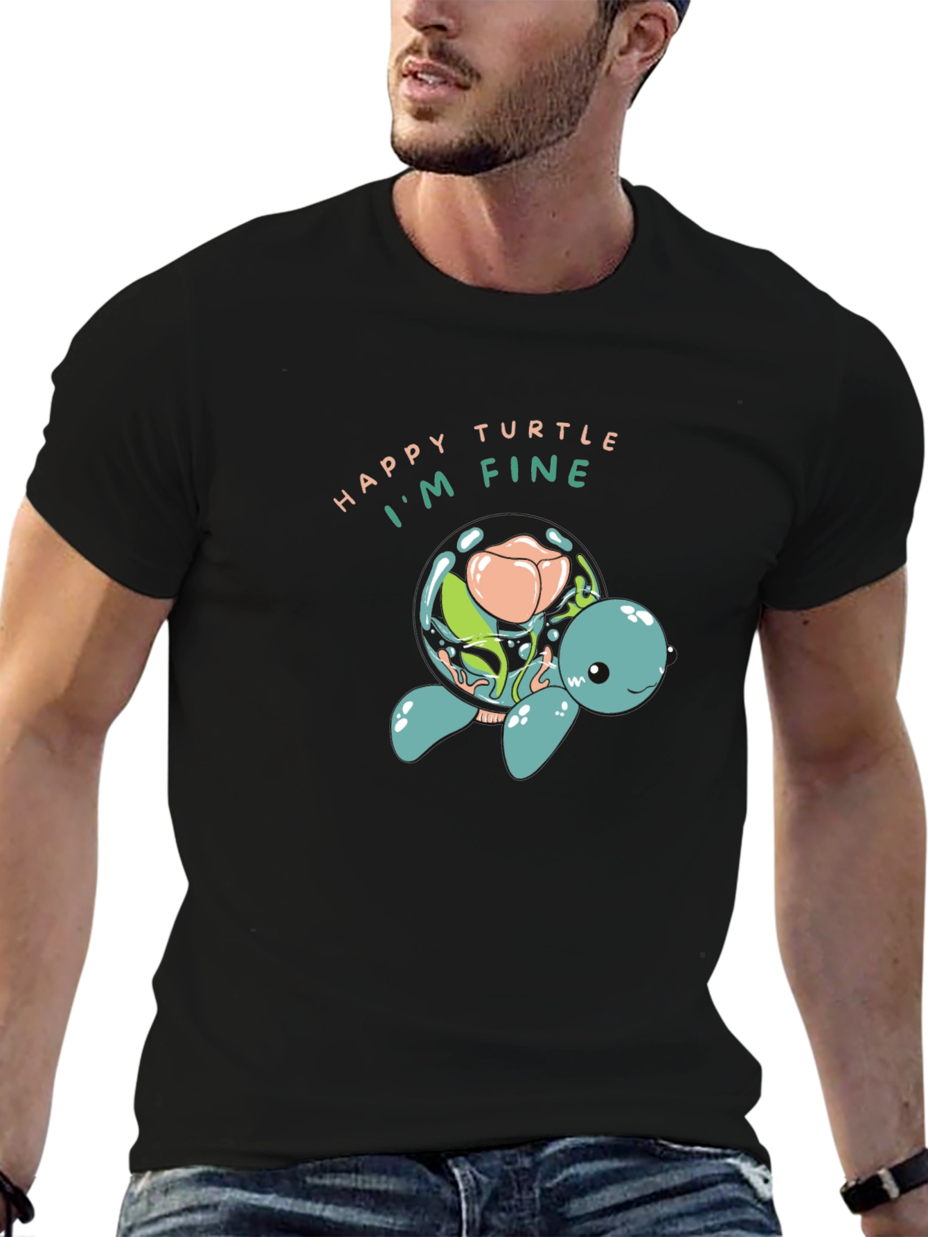 Happy Turtle Graphic Black T-Shirt