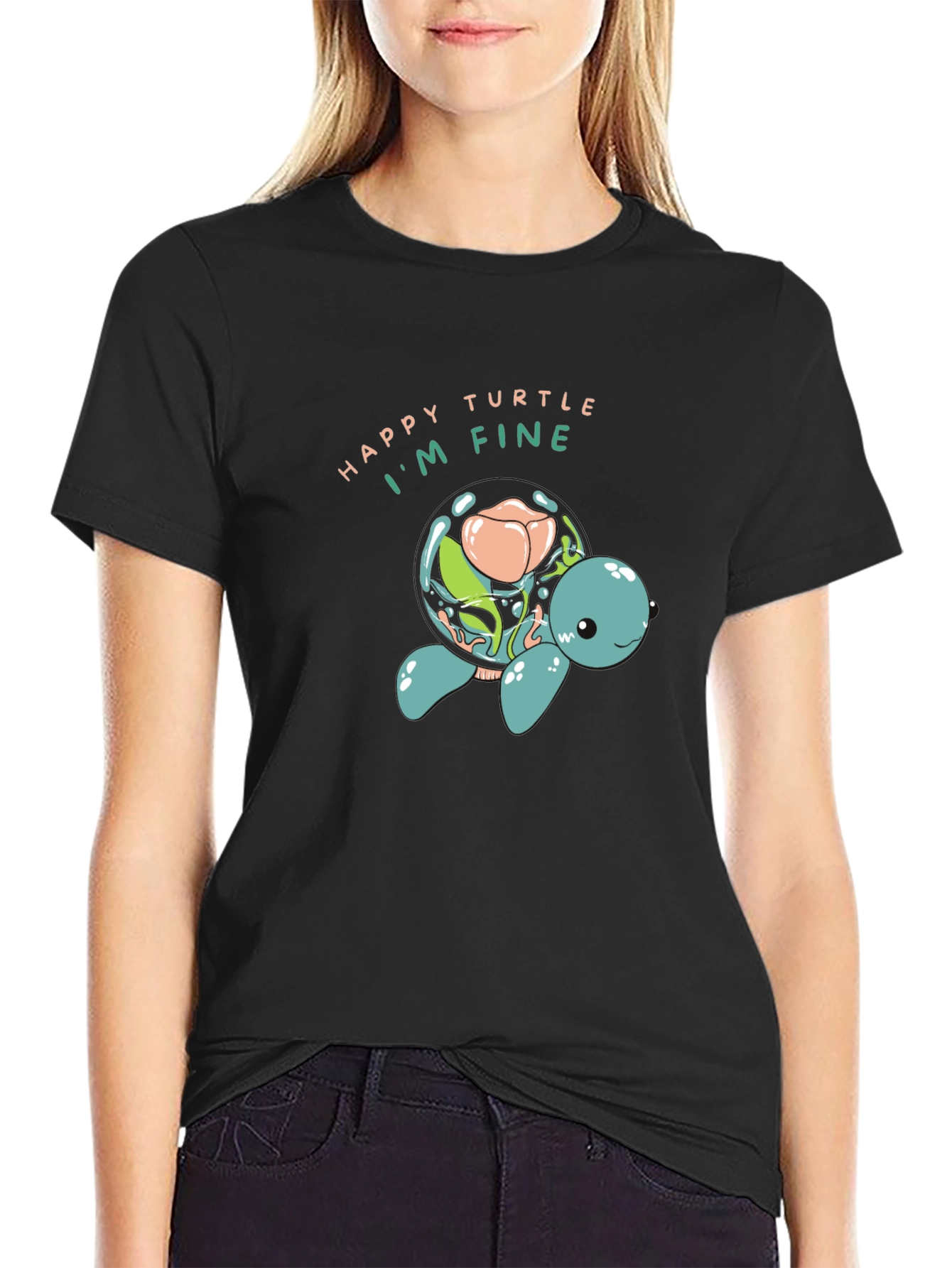 Happy Turtle Graphic Black T-Shirt