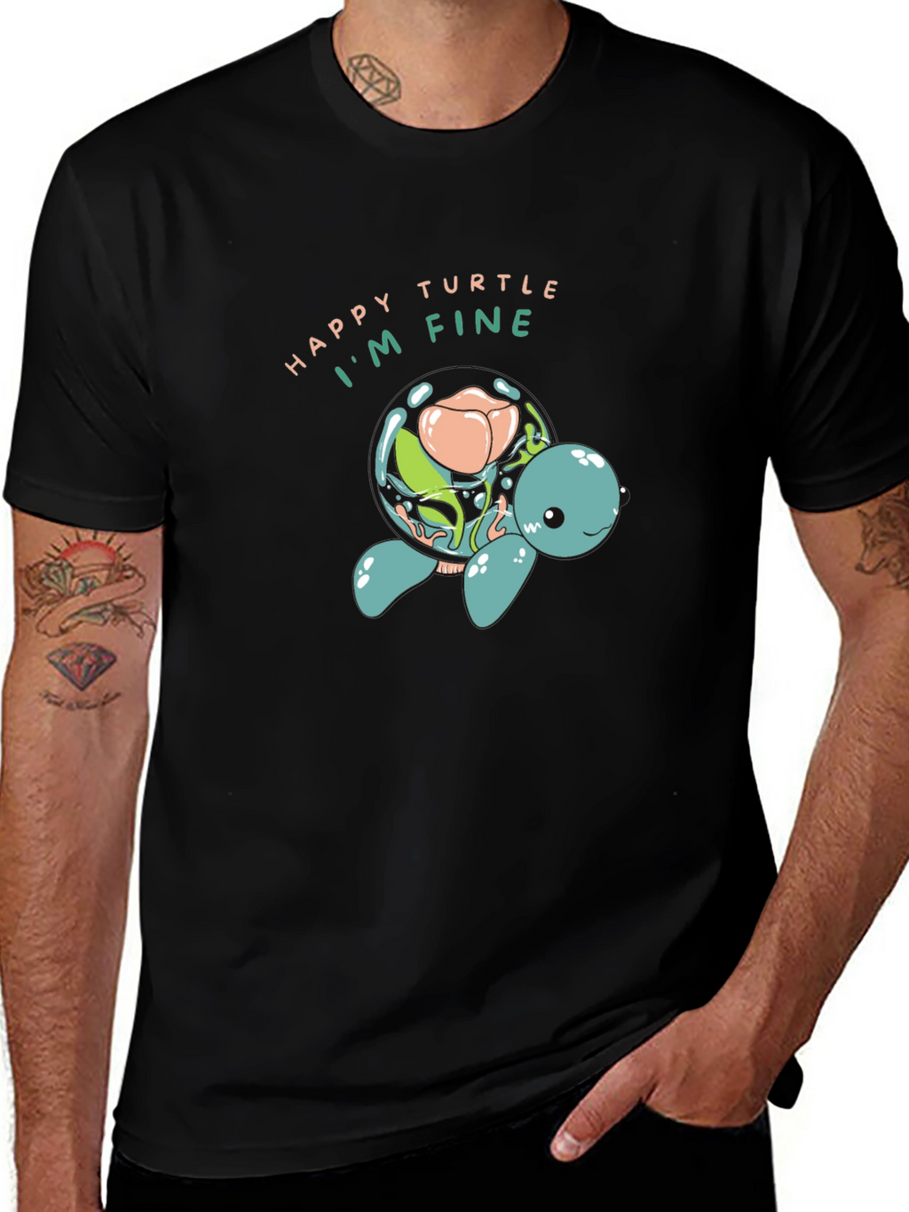Happy Turtle Graphic Black T-Shirt
