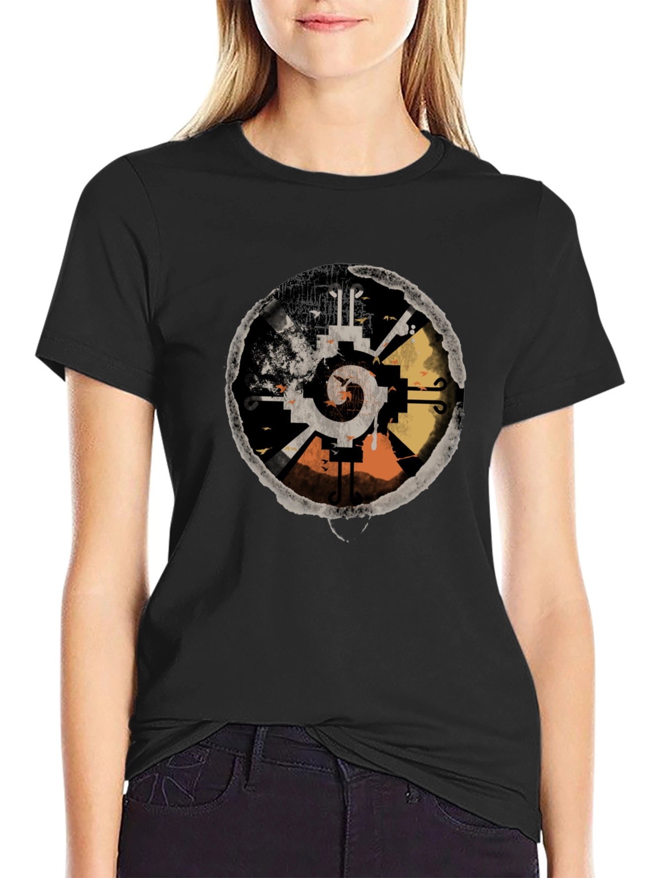 Abstract Aztec Sun Graphic Tee - Black