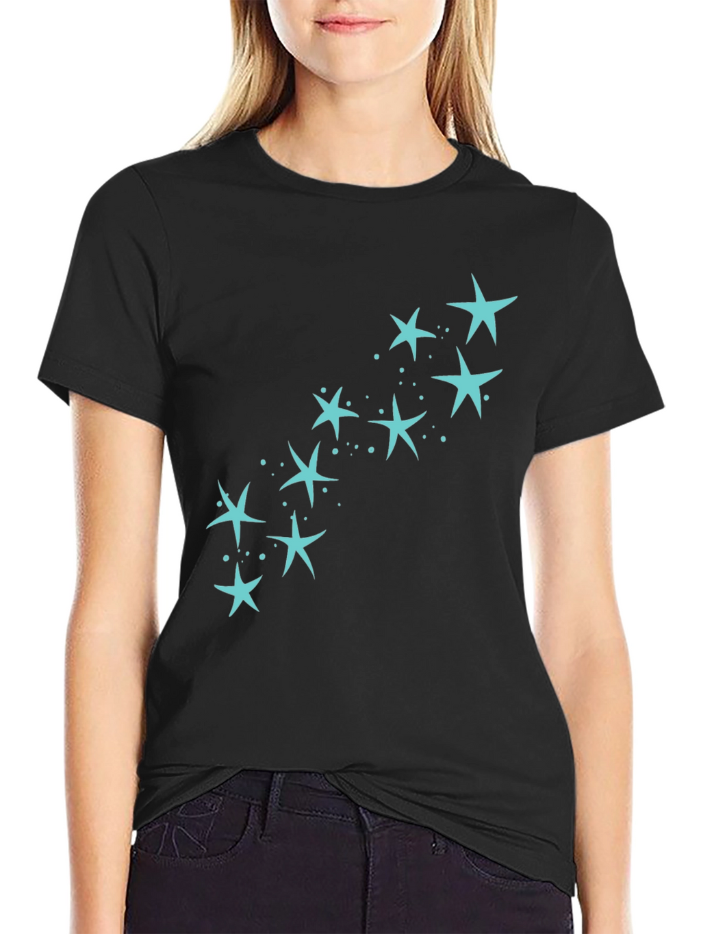 Mens Black T-Shirt with Teal Star Design