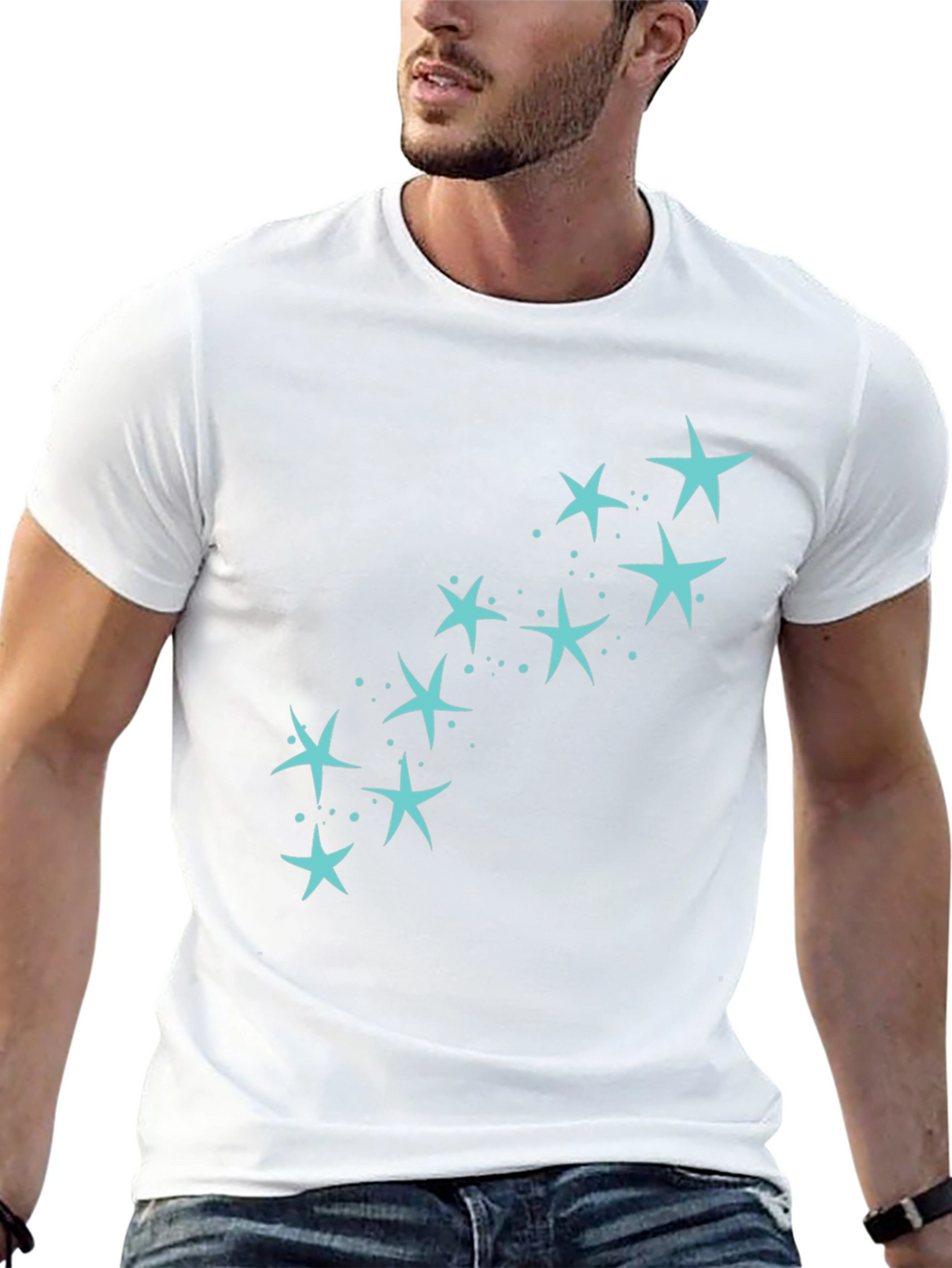 Mens Black T-Shirt with Teal Star Design