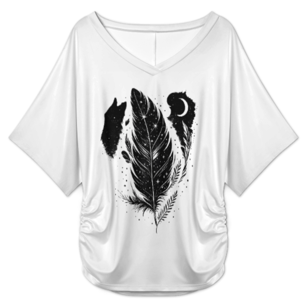 Mystic Feather Moon Wolf Graphic T-Shirt – Boho Nature Inspired Tee(z1082)