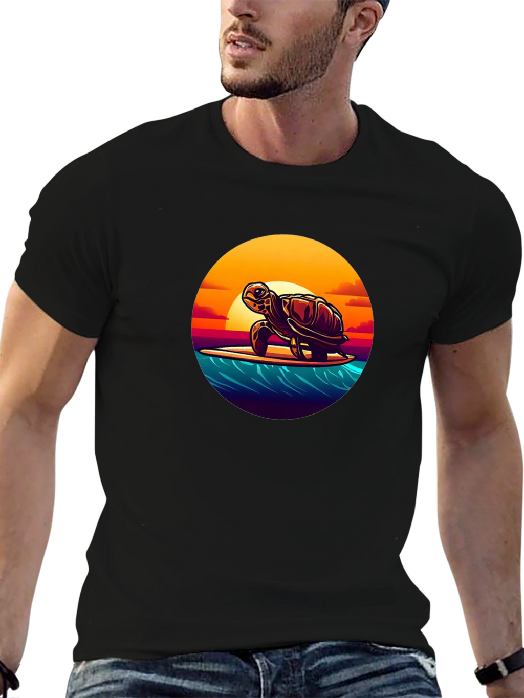 Surfing Turtle Graphic Tee - Black Cotton T-Shirt