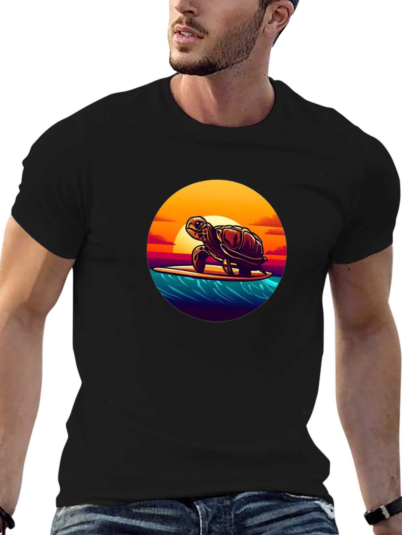 Surfing Turtle Graphic Tee - Black Cotton T-Shirt