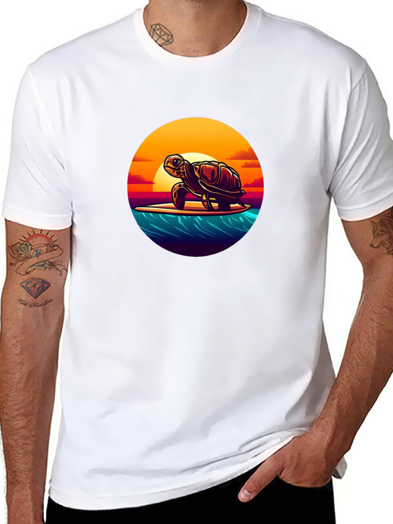 Surfing Turtle Graphic Tee - Black Cotton T-Shirt